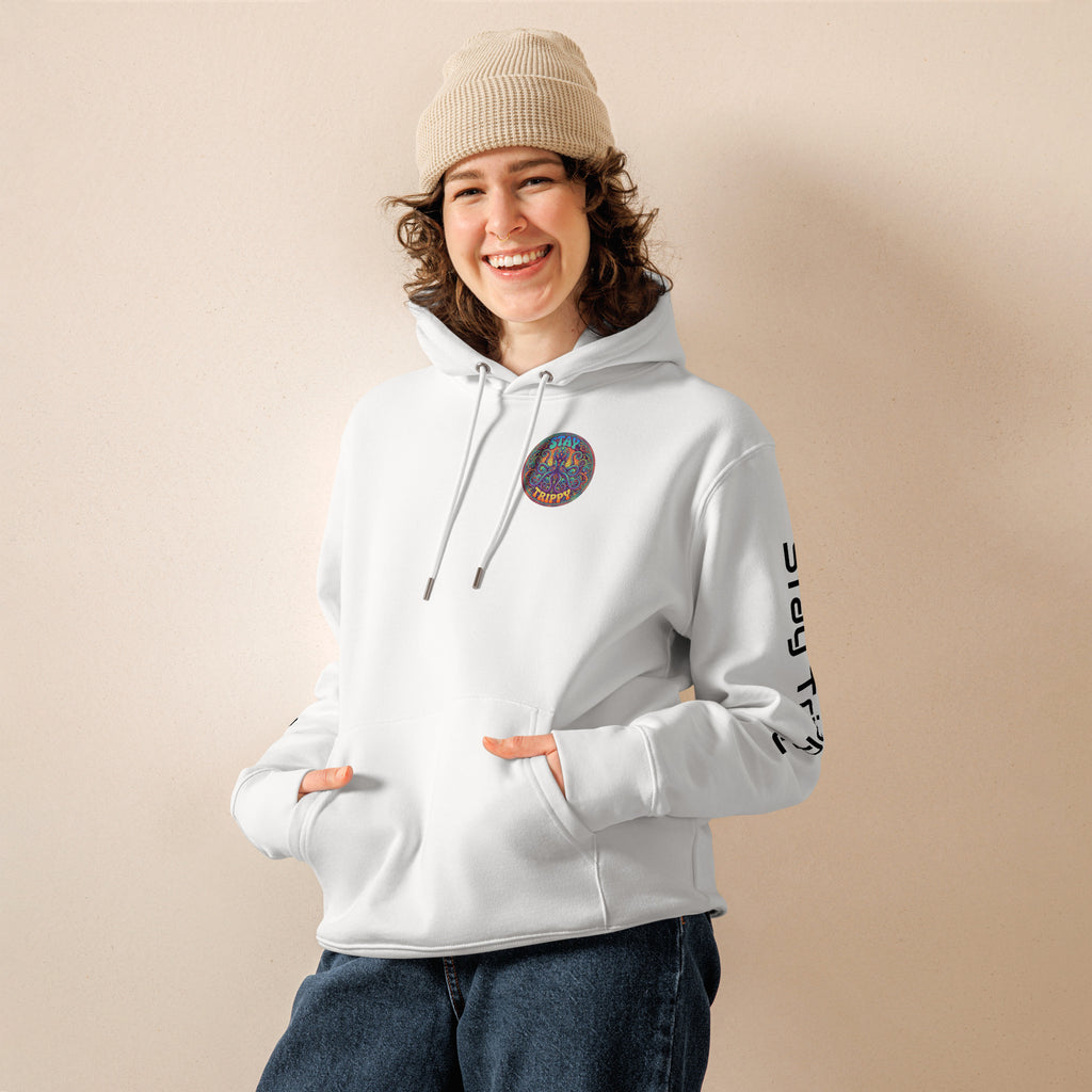 White unisex Stay Trippy hoodie by Leaky Ts made of 100% organic cotton, showing front view with minimalist design.
