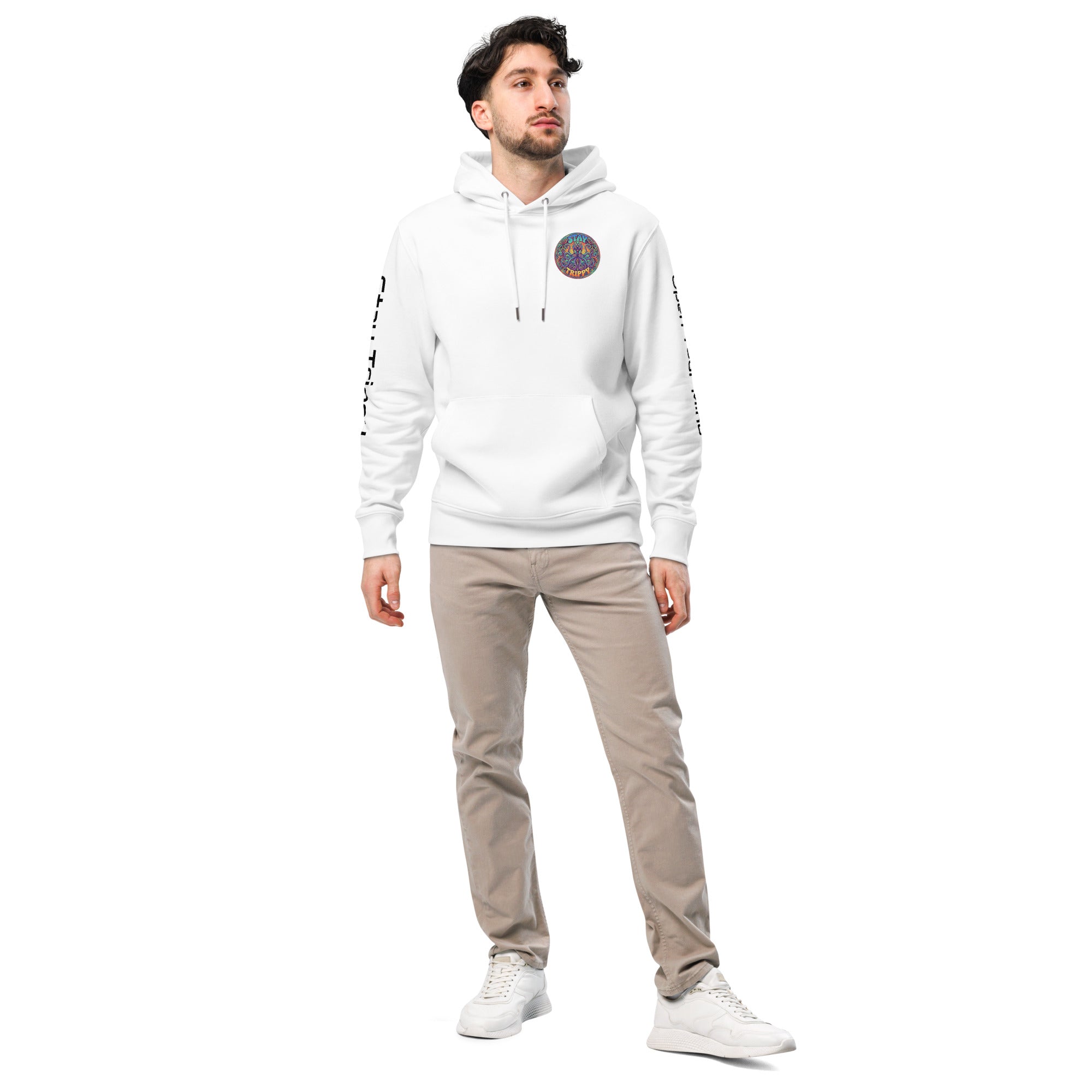 Leaky Ts Stay Trippy hoodie, unisex white eco-friendly organic cotton hoodie with front design, casual and comfortable style.