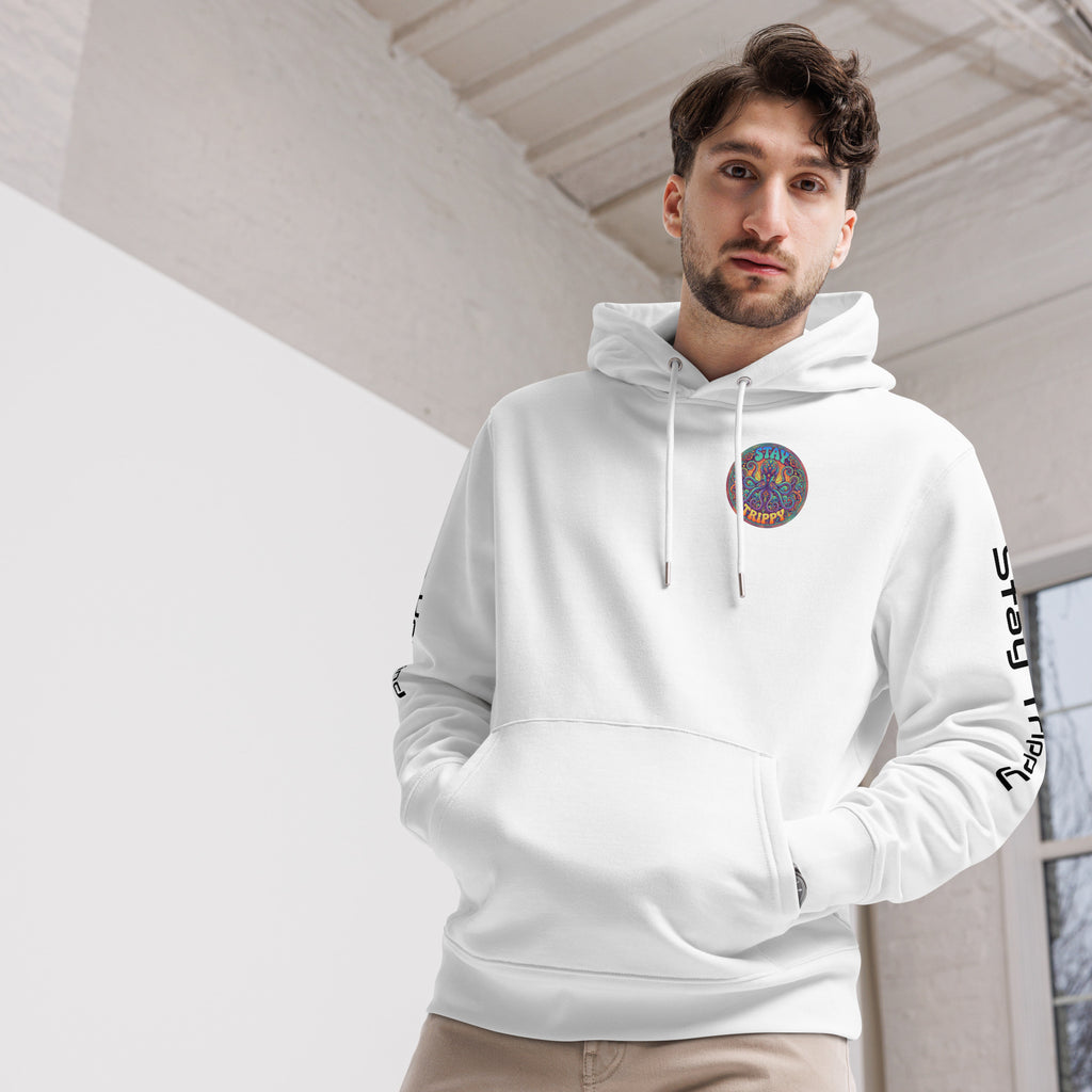 Leaky ts Stay Trippy hoodie made from 100% organic cotton, unisex white hoodie with front design, casual and eco-friendly apparel