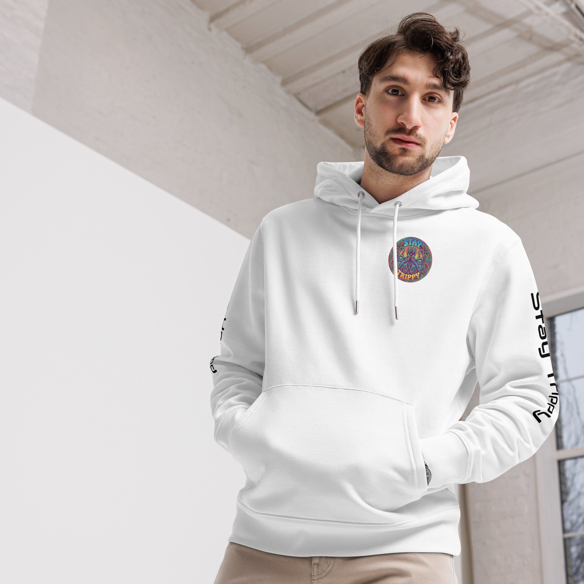Leaky ts Stay Trippy hoodie made from 100% organic cotton, unisex white hoodie with front design, casual and eco-friendly apparel