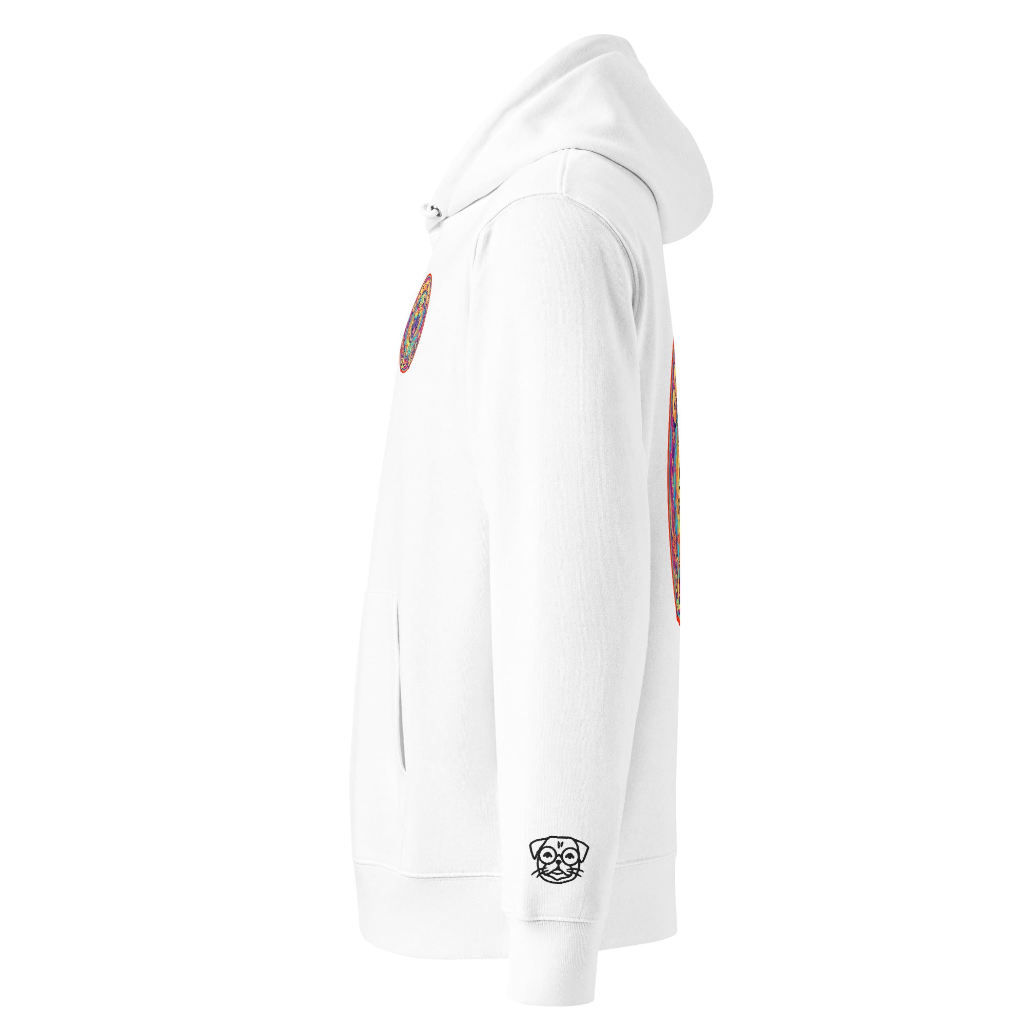 Unisex white Cosmic Pug Hoodie by Leaky Ts made from 100% organic cotton, displayed on a white background.