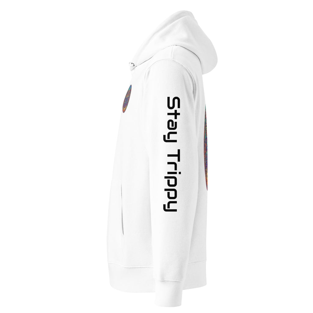 Unisex white Stay Trippy hoodie by Leaky TS made from 100% organic cotton, displayed on a hanger against a white background.