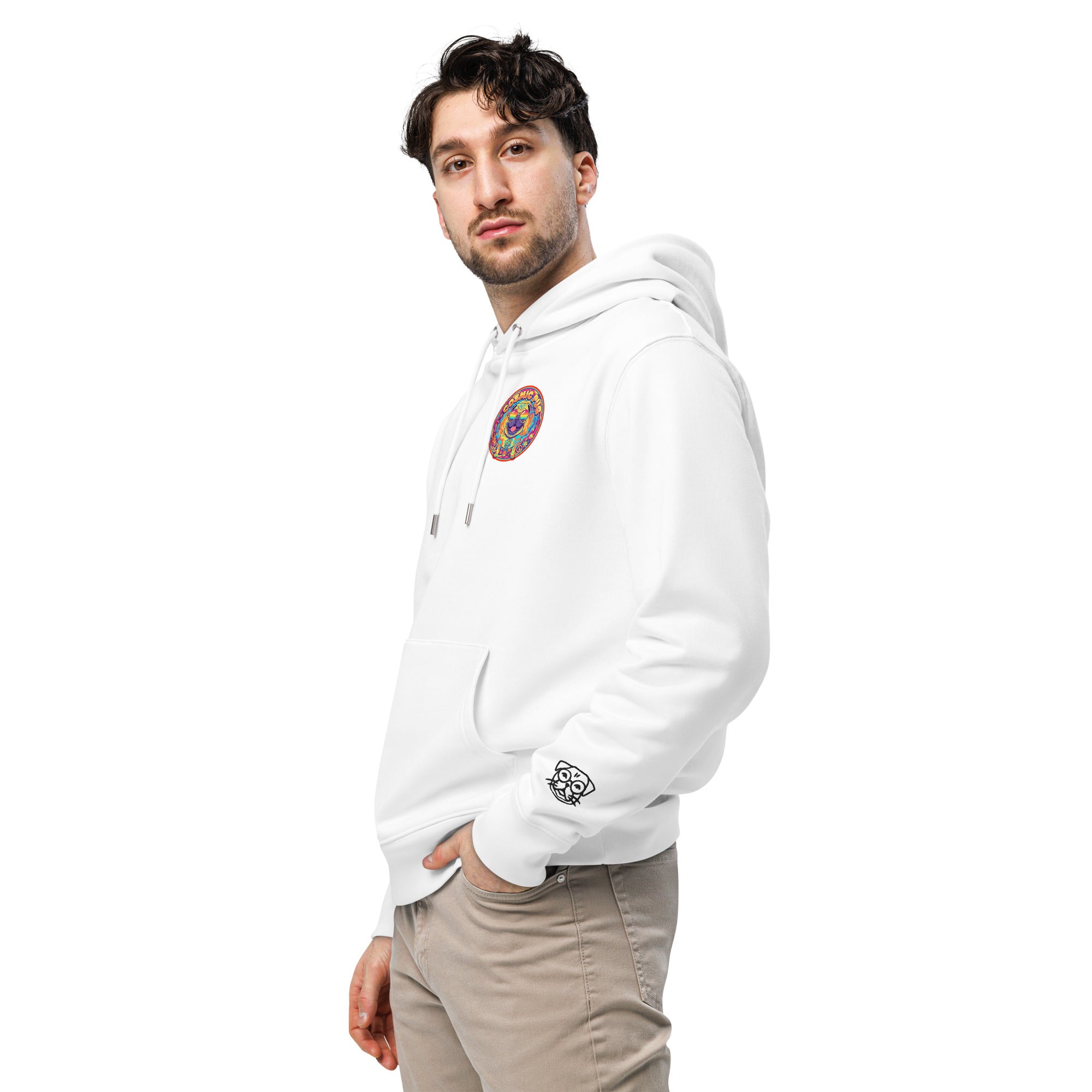 Leaky ts Cosmic Pug Hoodie in white, unisex eco hoodie made from 100% organic cotton, front view showing pug graphic.