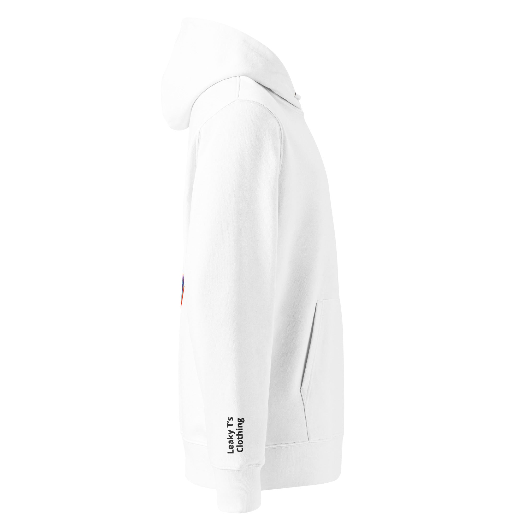 Leaky ts Cosmic Pug hoodie made from 100% organic cotton, unisex white eco hoodie with pug graphic, right side view.