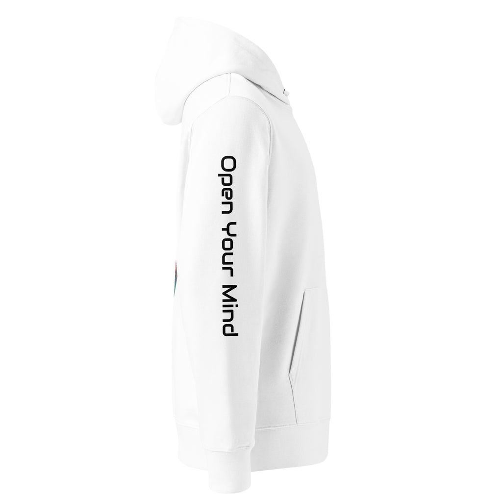 Leaky Ts Stay Trippy hoodie made of 100% organic cotton, white unisex eco hoodie shown from the right side.