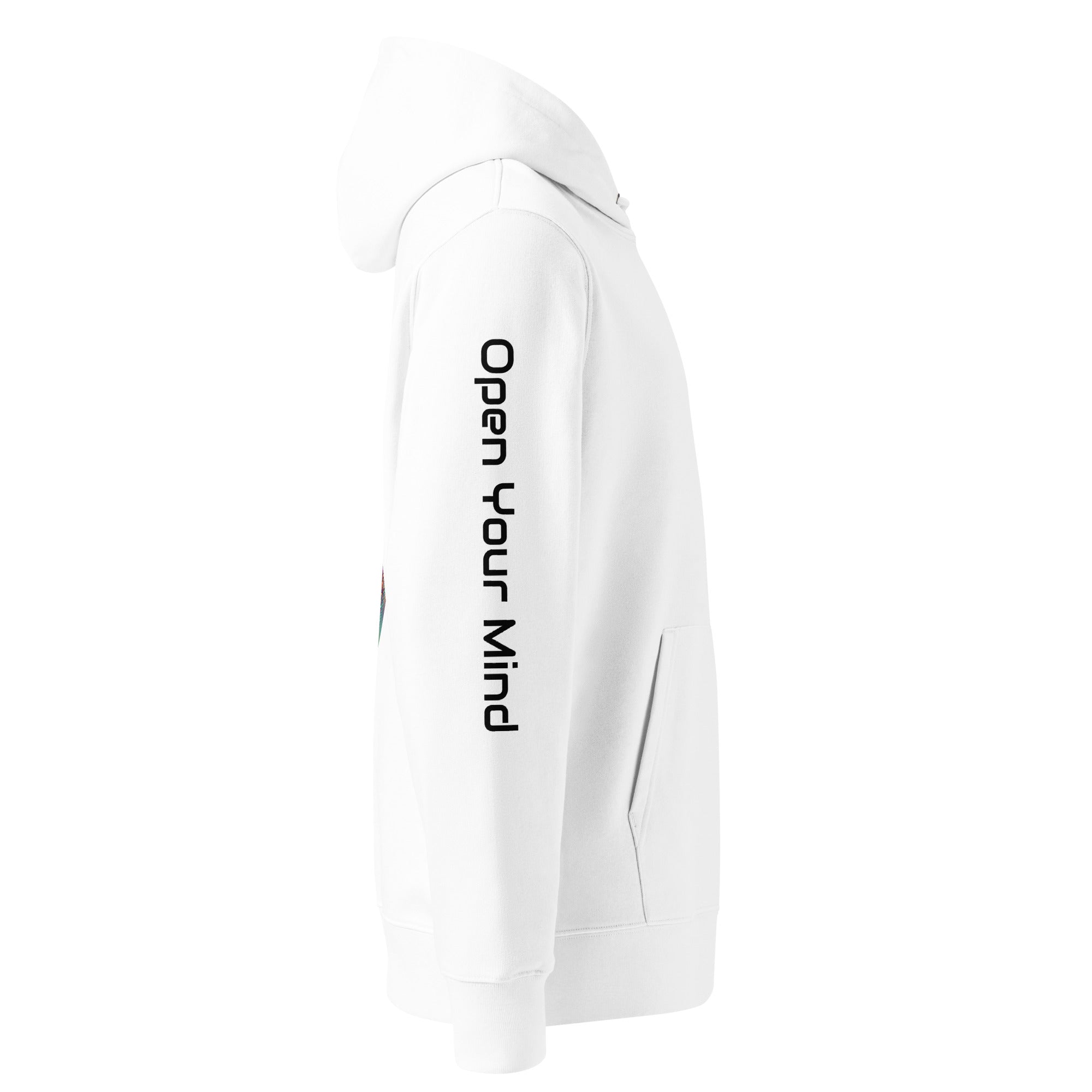 Leaky Ts Stay Trippy hoodie made of 100% organic cotton, white unisex eco hoodie shown from the right side.