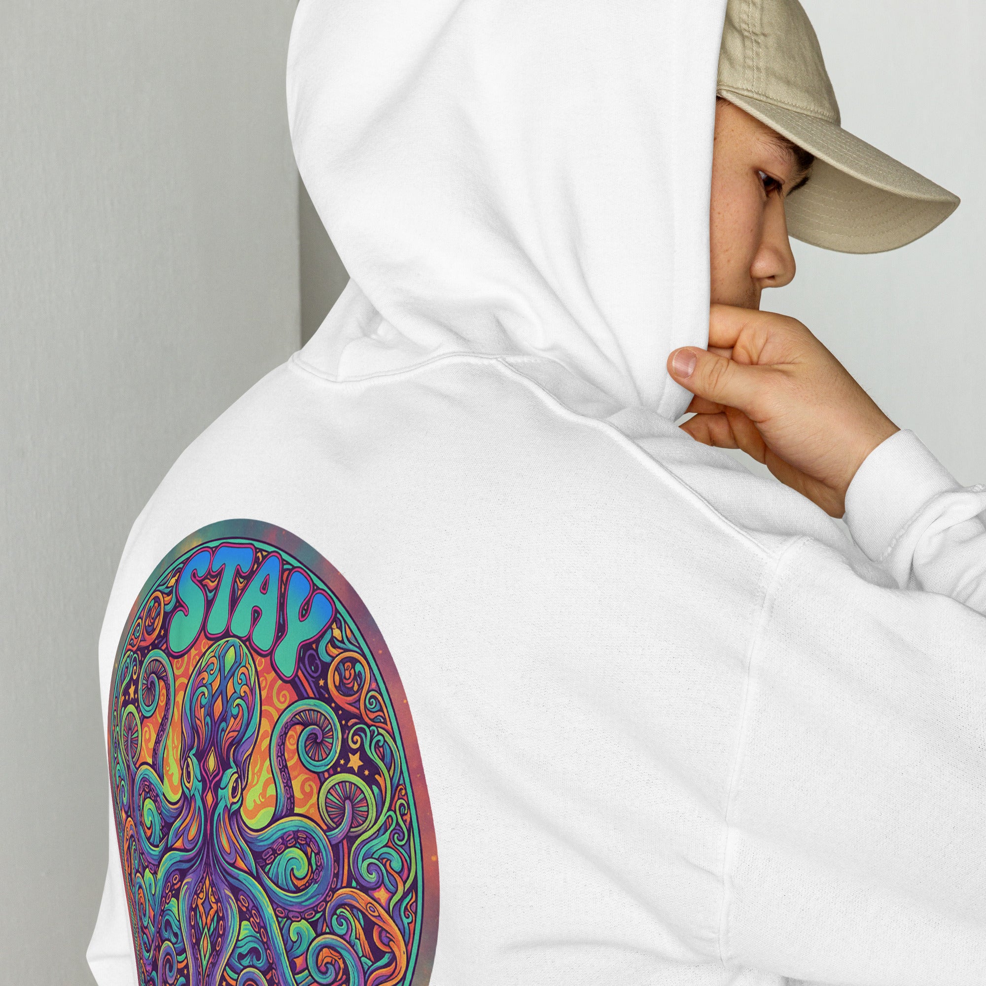 White unisex heavy blend hoodie by Leaky TS featuring a "Somewhere Else" comfort design on the back.
