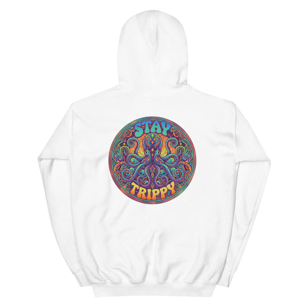 Leaky TS Mentaly Somewhere Else comfort hoodie in white, unisex heavy blend fabric with a cozy, relaxed fit and printed design on back.