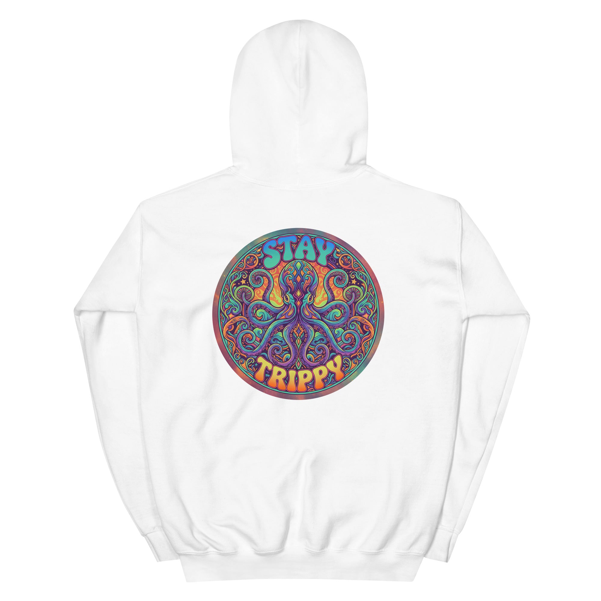 Leaky TS Mentaly Somewhere Else comfort hoodie in white, unisex heavy blend fabric with a cozy, relaxed fit and printed design on back.