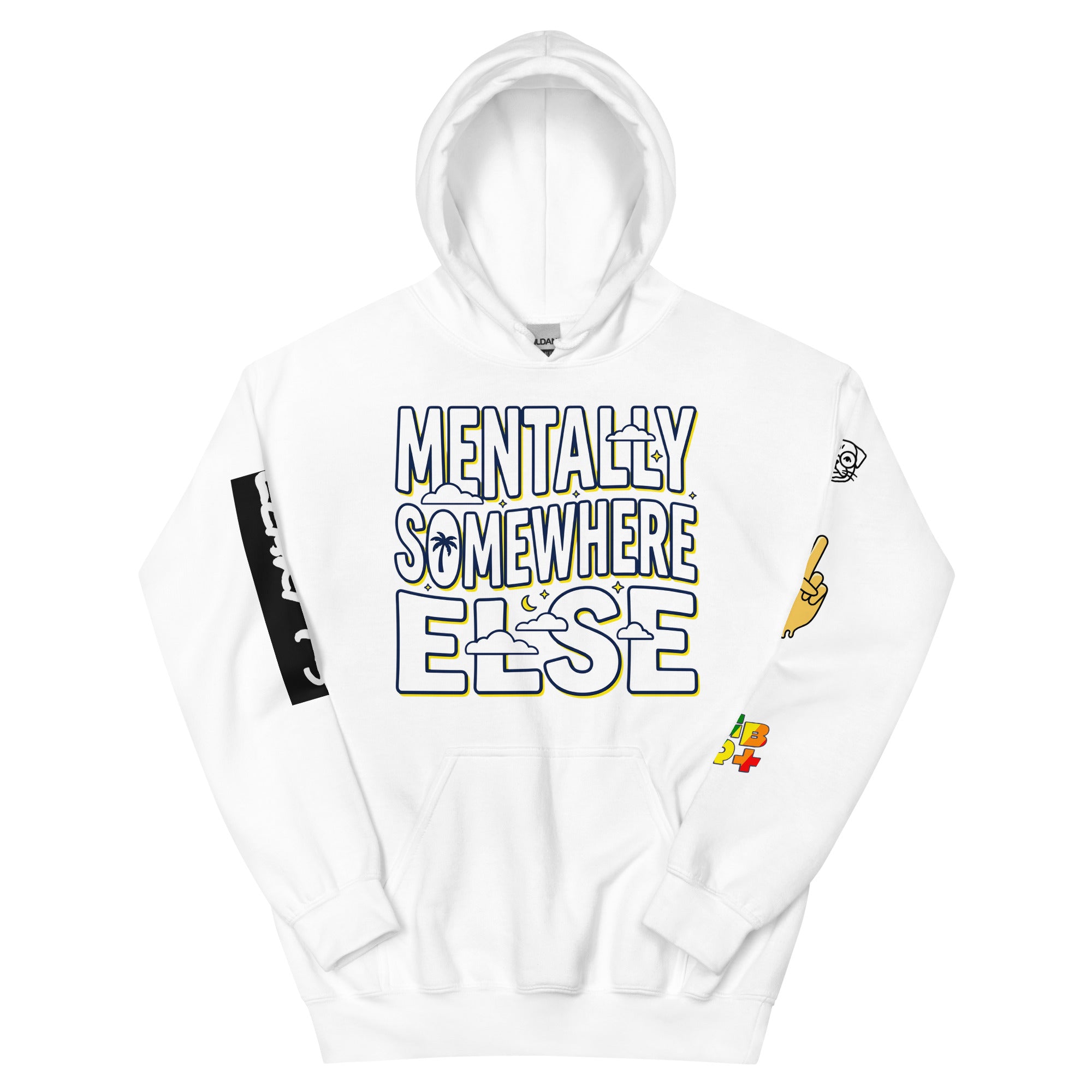 White unisex Mentaly Somewhere Else comfort hoodie by Leaky TS, featuring a soft fabric and relaxed fit for casual wear.