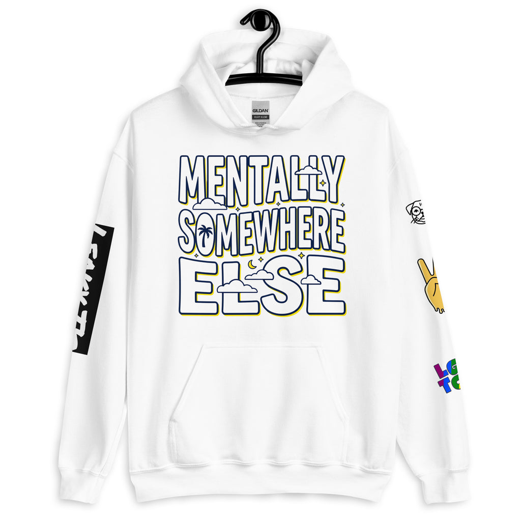 Leaky TS Mentaly Somewhere Else comfort hoodie in white, unisex heavy blend sweatshirt with a relaxed fit and cozy design.