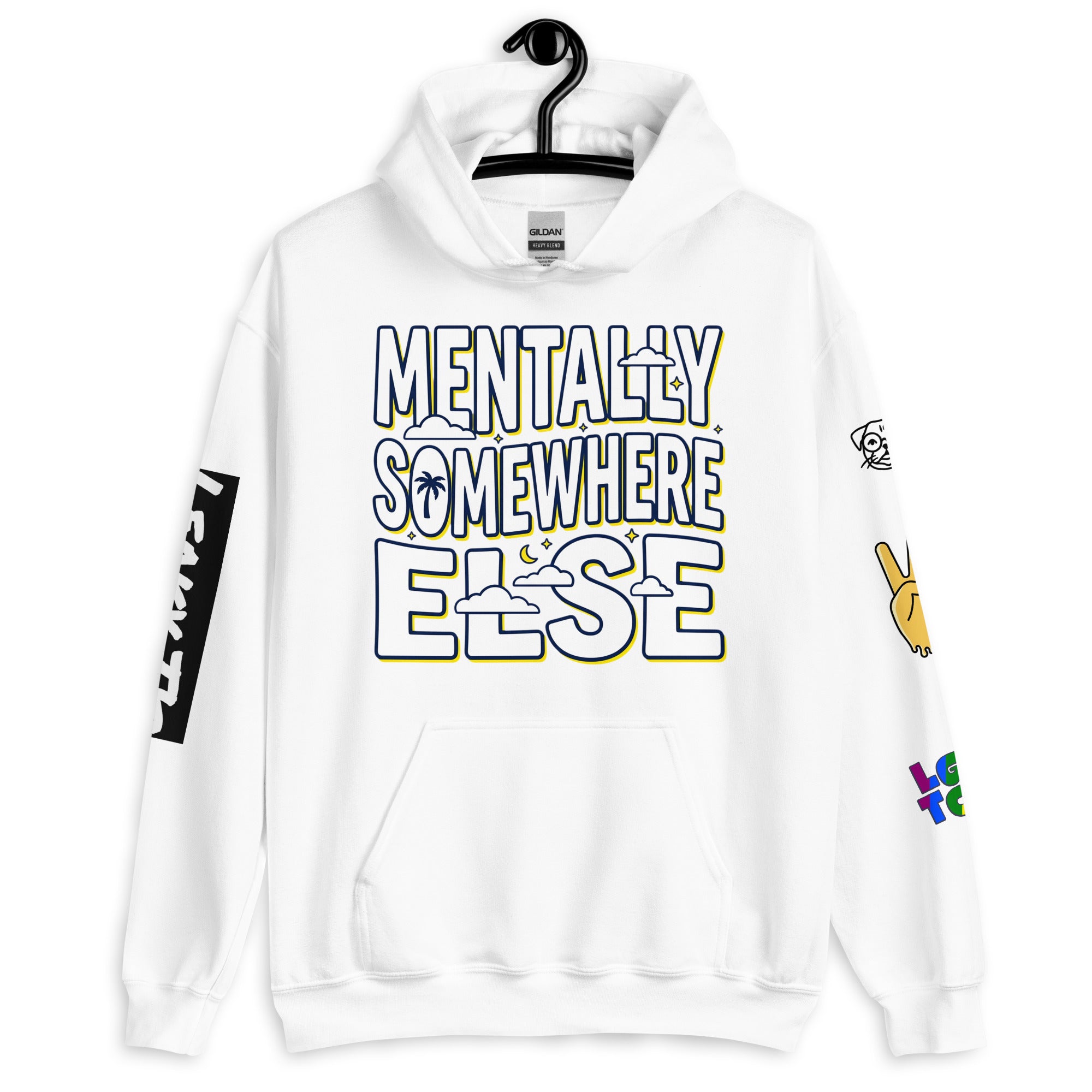 Leaky TS Mentaly Somewhere Else comfort hoodie in white, unisex heavy blend sweatshirt with a relaxed fit and cozy design.