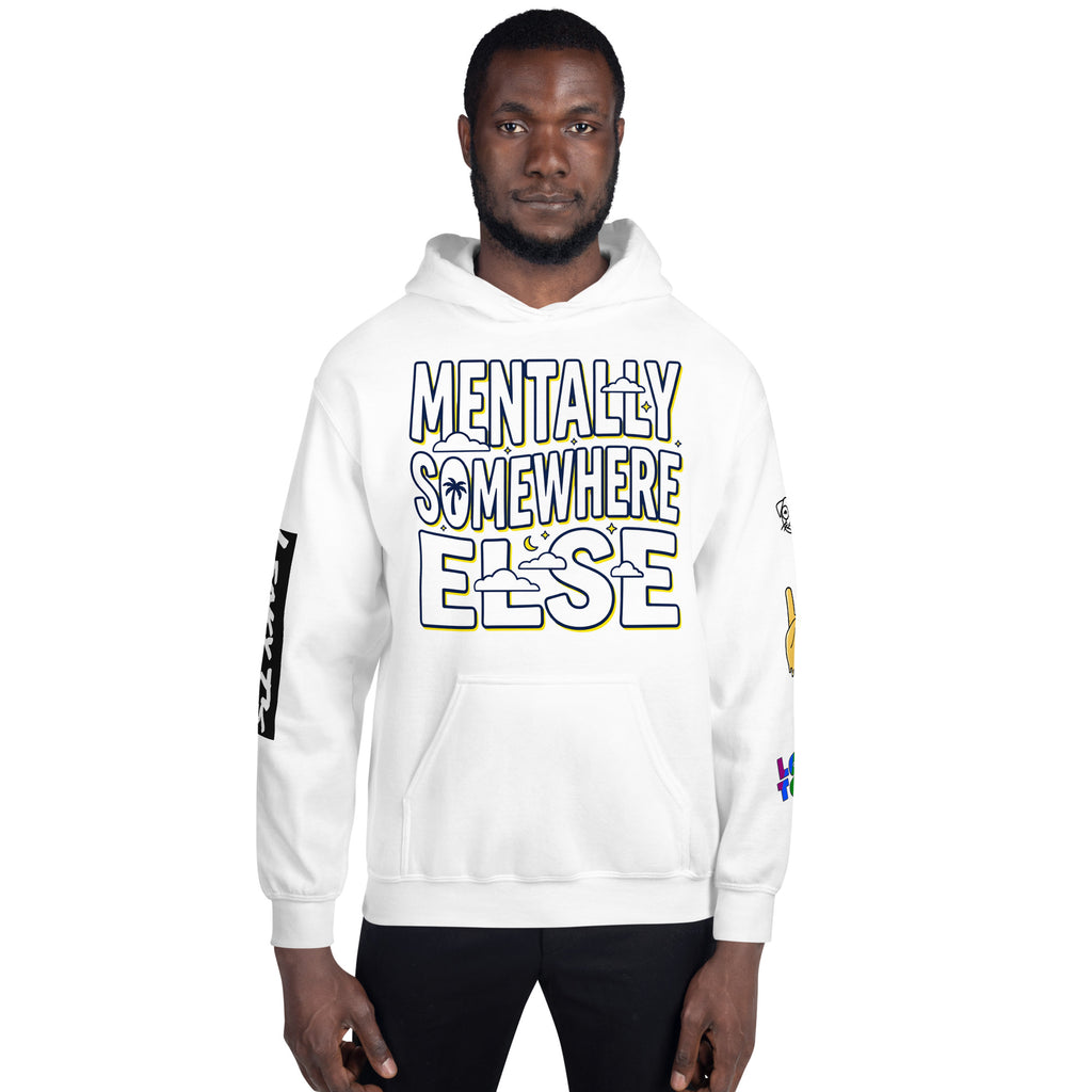 Leaky TS Mentaly Somewhere Else comfort hoodie in white, unisex heavy blend fabric with a relaxed front view.