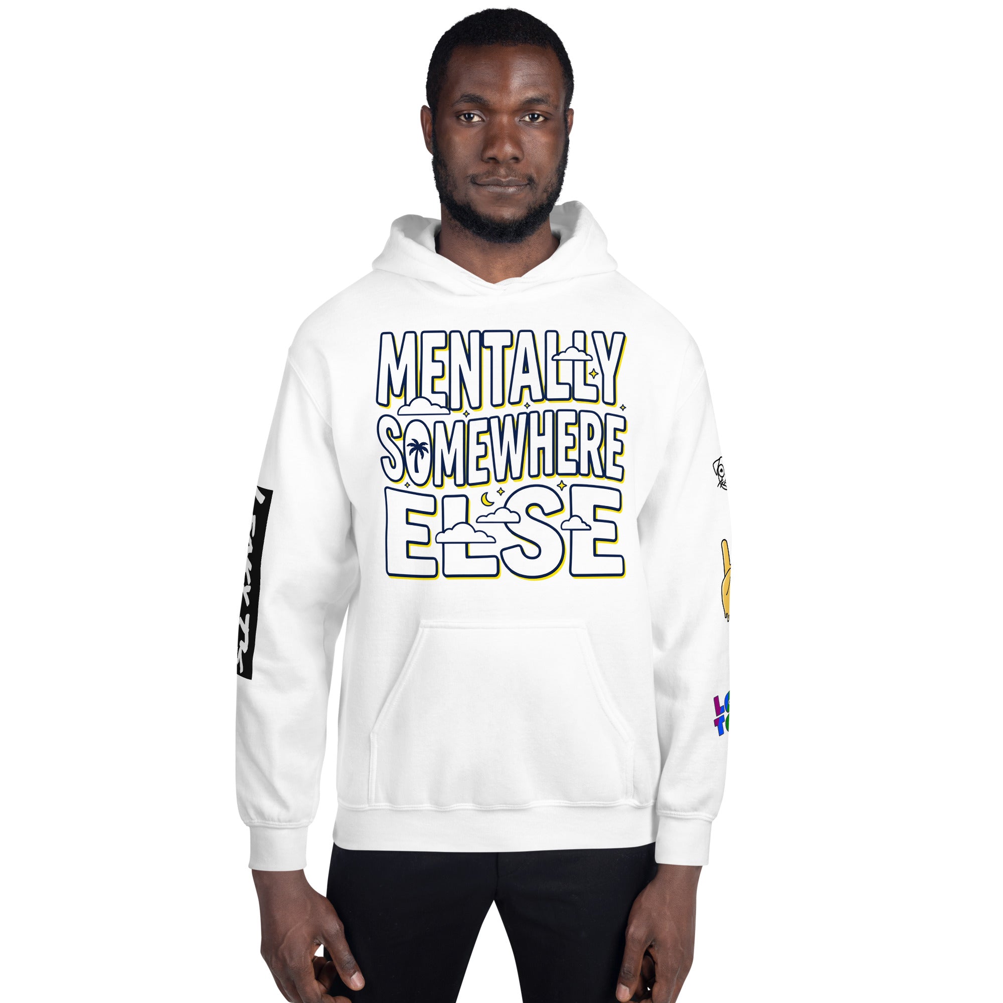 Leaky TS Mentaly Somewhere Else comfort hoodie in white, unisex heavy blend fabric with a relaxed front view.