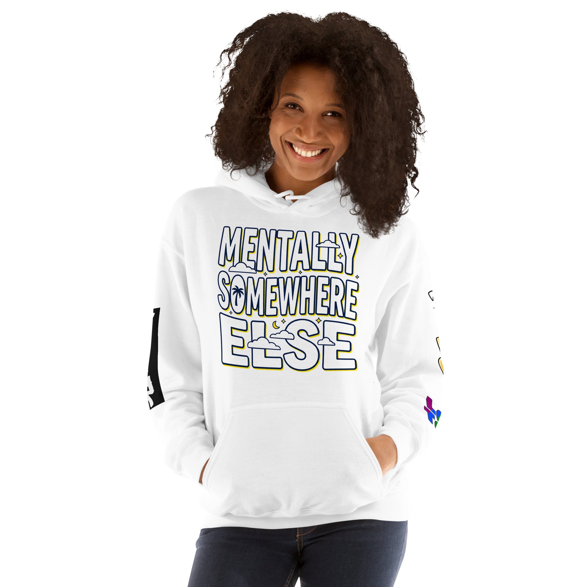 Leaky TS Mentaly Somewhere Else Comfort Hoodie in white, unisex heavy blend fabric with front design, cozy and casual.