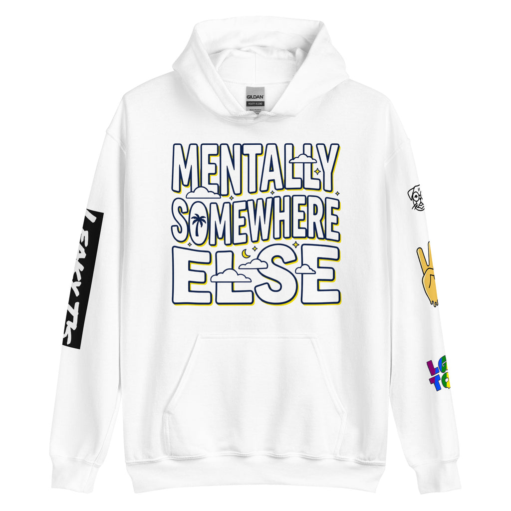 White unisex Leaky TS Comfort Hoodie with "Somewhere Else" mental health-themed design on the front.