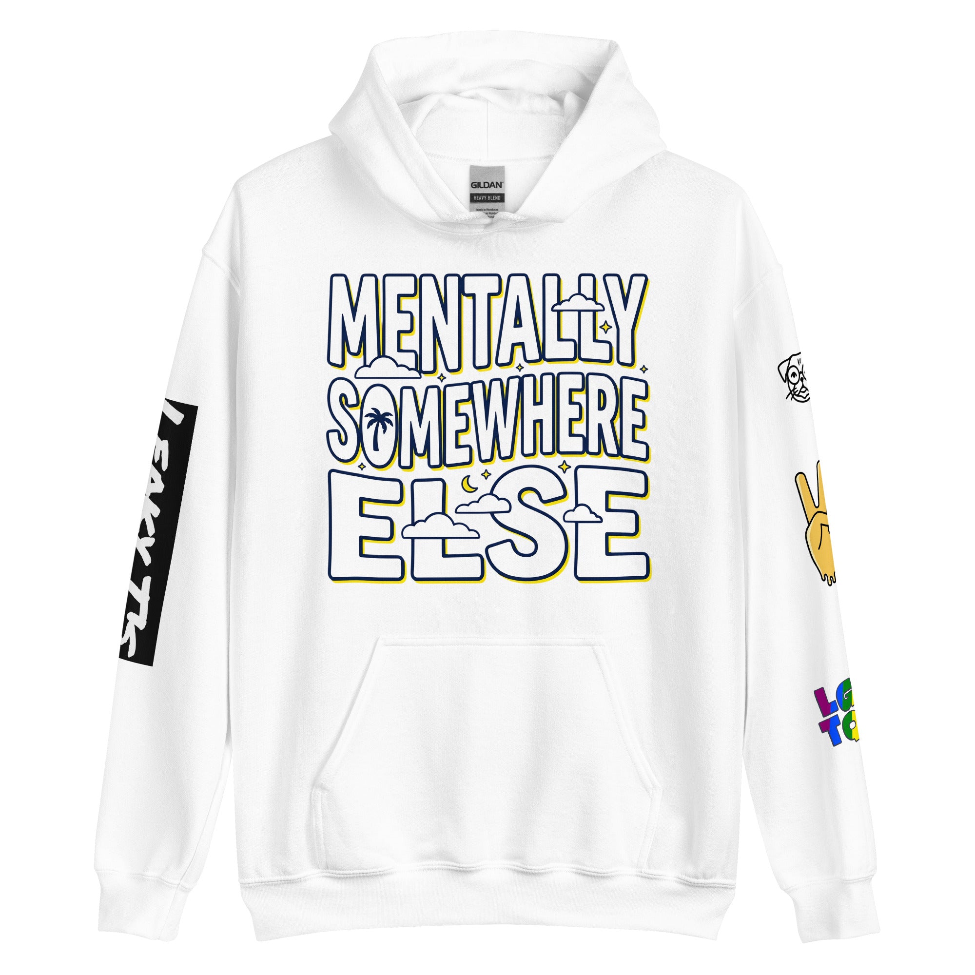 White unisex Leaky TS Comfort Hoodie with "Somewhere Else" mental health-themed design on the front.