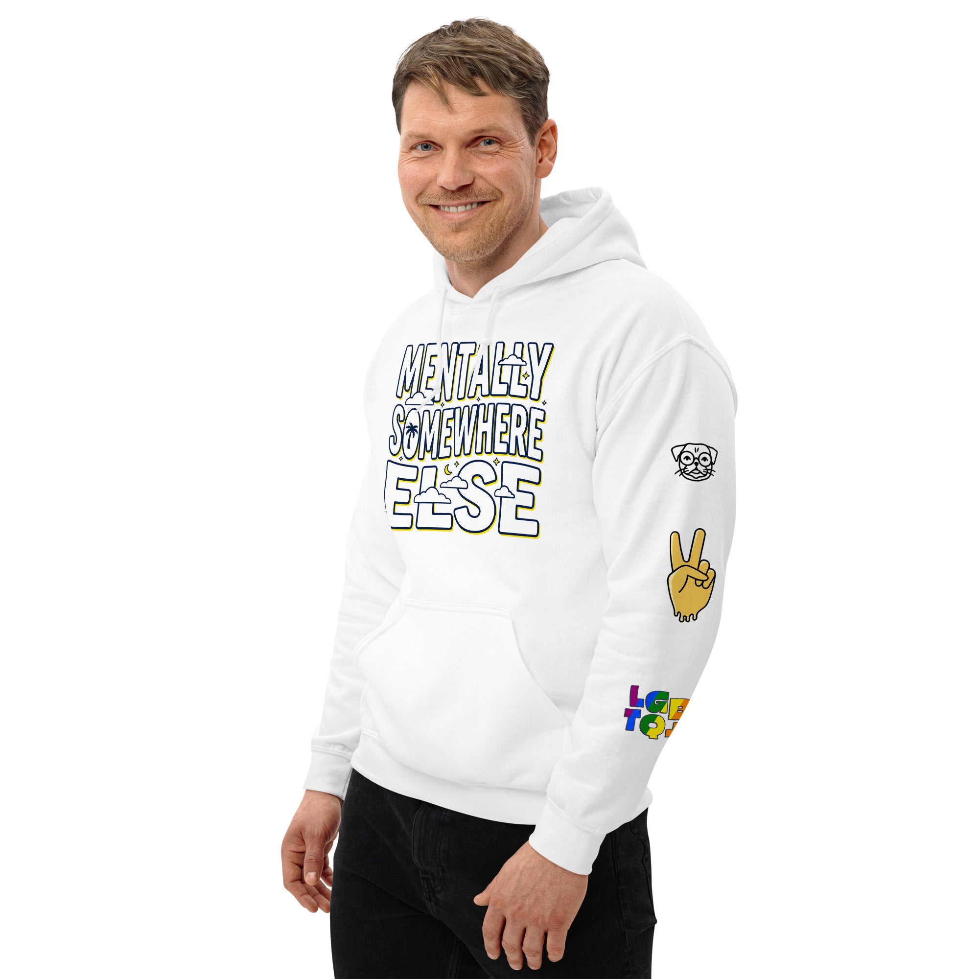 Leaky TS Mentaly Somewhere Else comfort hoodie in white, unisex heavy blend fabric, front view showing hoodie and brand logo.