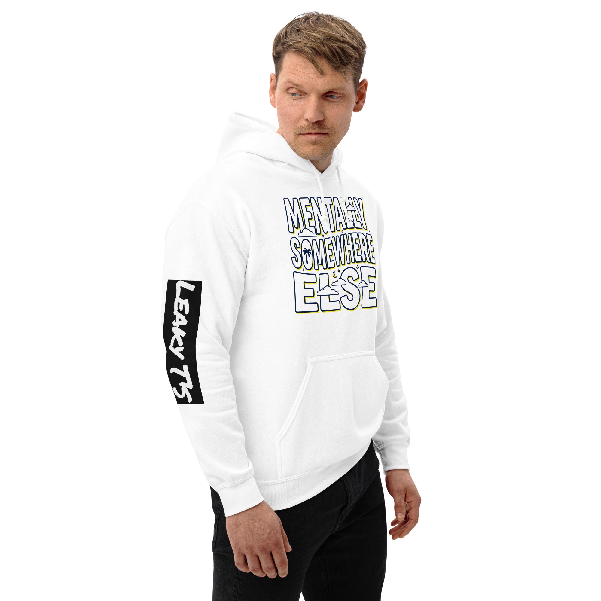 Leaky TS Mentaly Somewhere Else Comfort Hoodie in white, unisex heavy blend fabric, front view with cozy, relaxed fit.