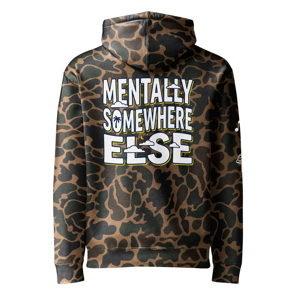 Leaky ts Mentally Somewhere Else heavyweight unisex hoodie with duck camo back design, cozy and stylish for casual wear.