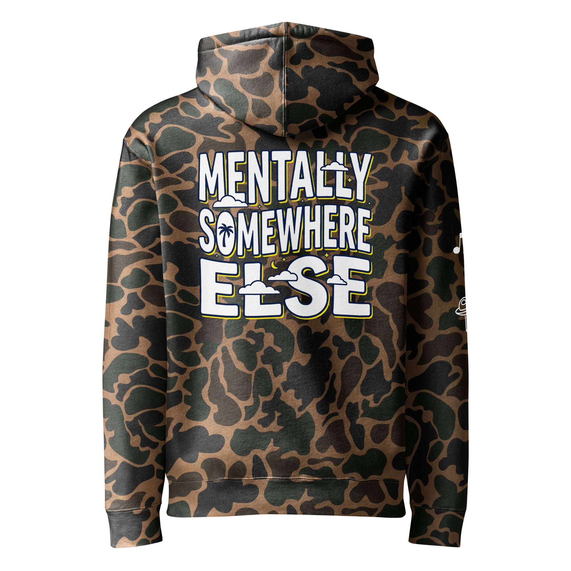 Leaky ts Mentally Somewhere Else heavyweight unisex hoodie with duck camo back design, cozy and stylish for casual wear.