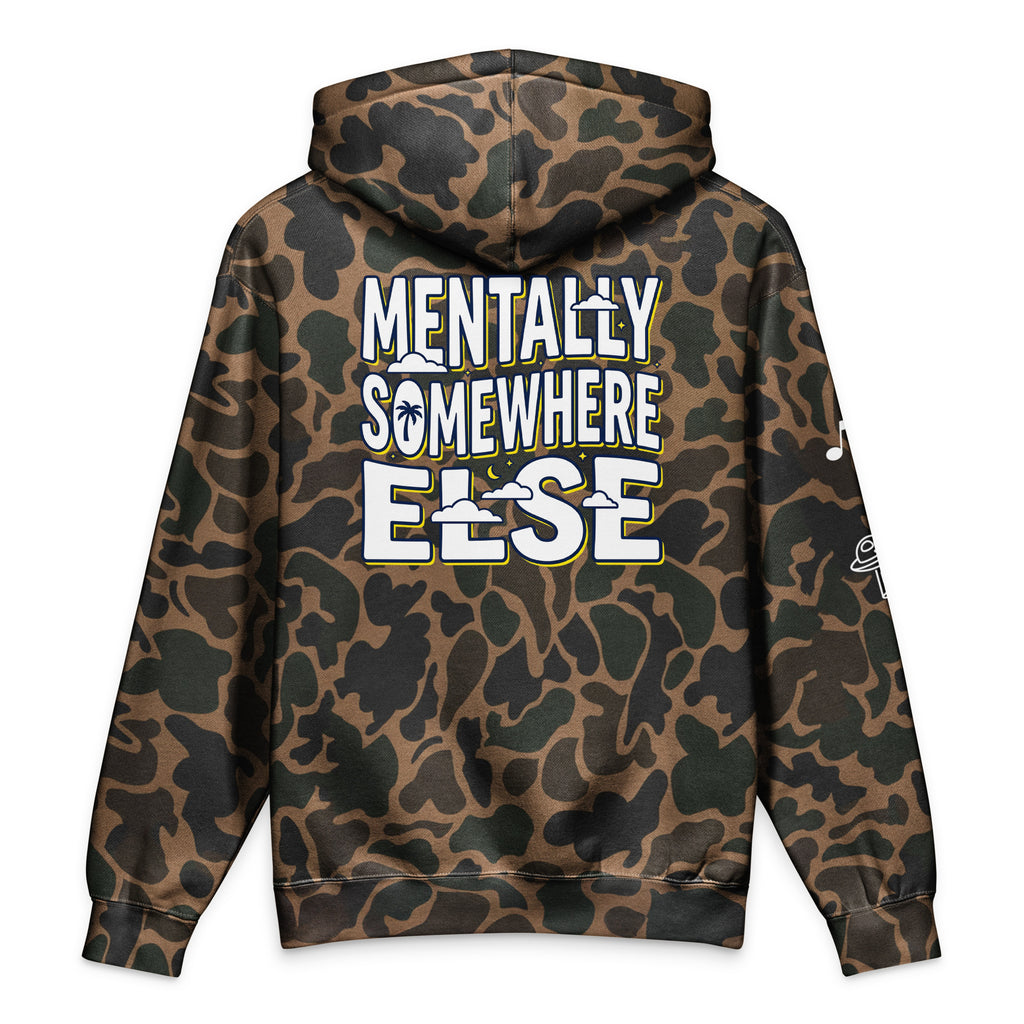 Leaky TS Mentally Somewhere Else heavyweight unisex hoodie with duck camo design and back print.