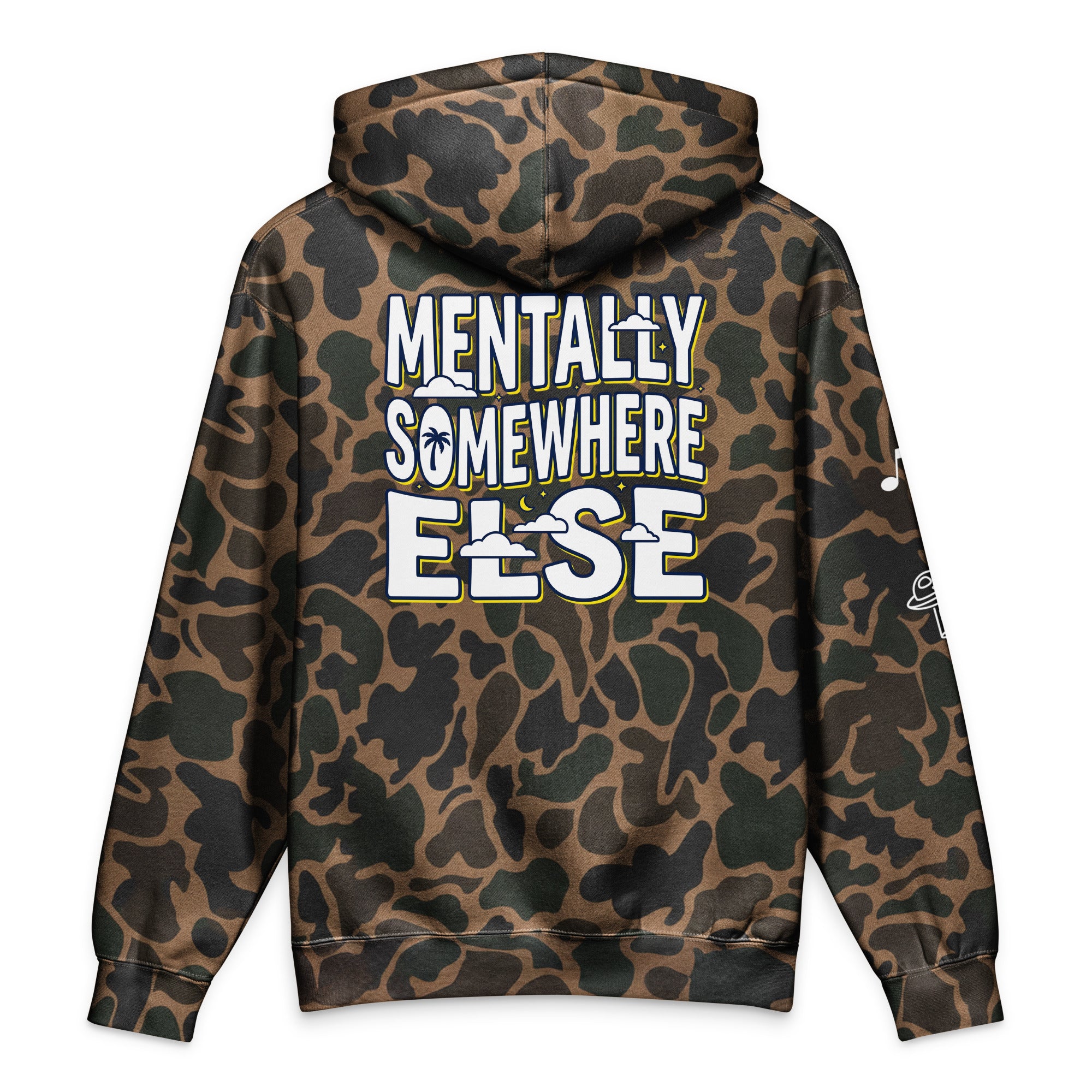 Leaky TS Mentally Somewhere Else heavyweight unisex hoodie with duck camo design and back print.