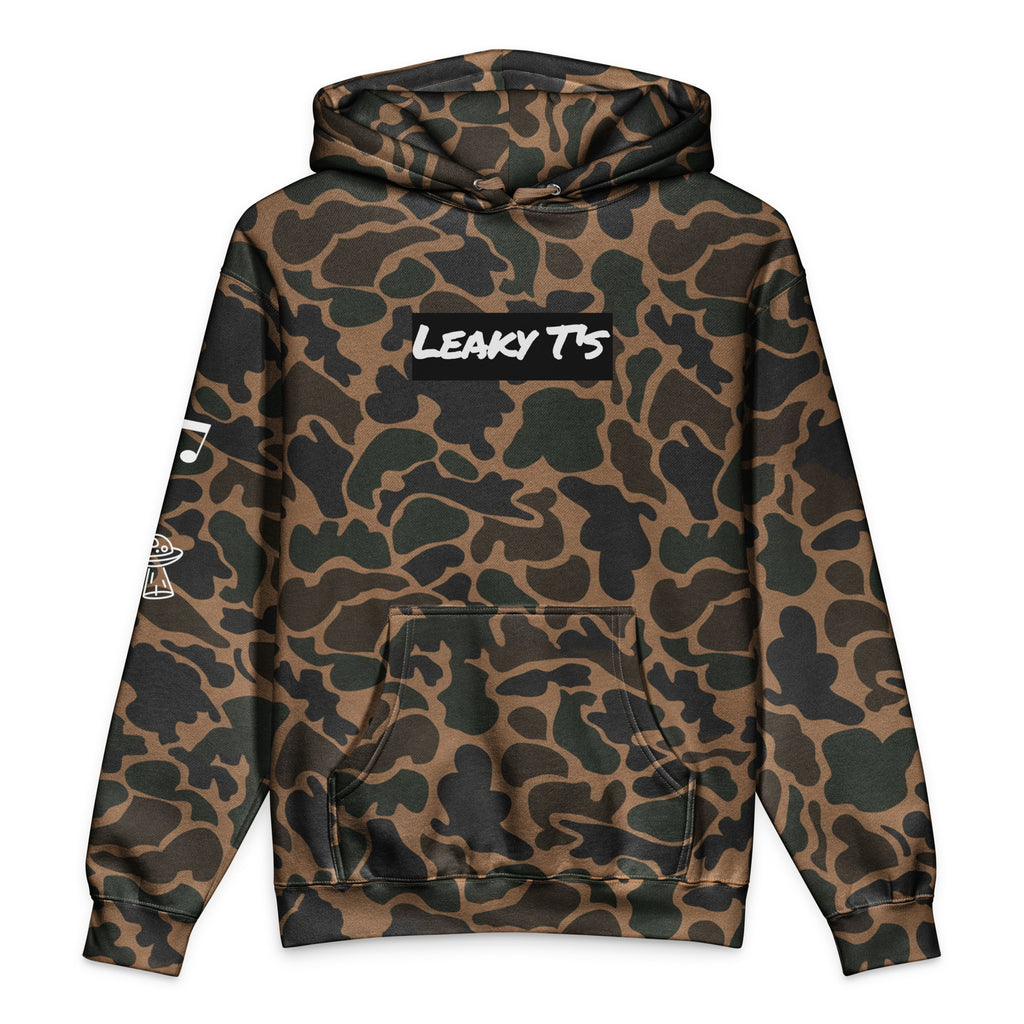 Unisex heavyweight hoodie from Leaky TS with duck camo pattern and front design, perfect for casual wear and comfort.