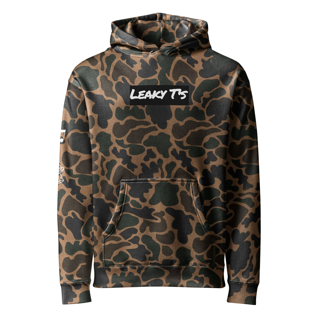 Leaky TS Mentally Somewhere Else heavyweight unisex hoodie with duck camo pattern and front design.