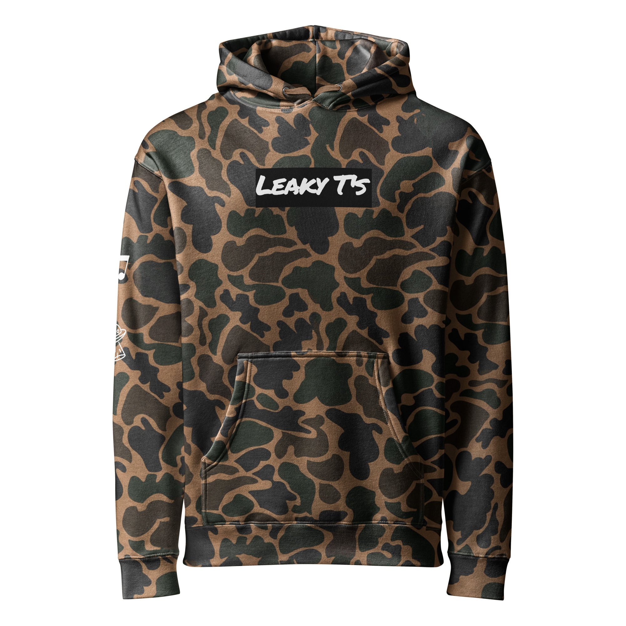 Leaky TS Mentally Somewhere Else heavyweight unisex hoodie with duck camo pattern and front design.