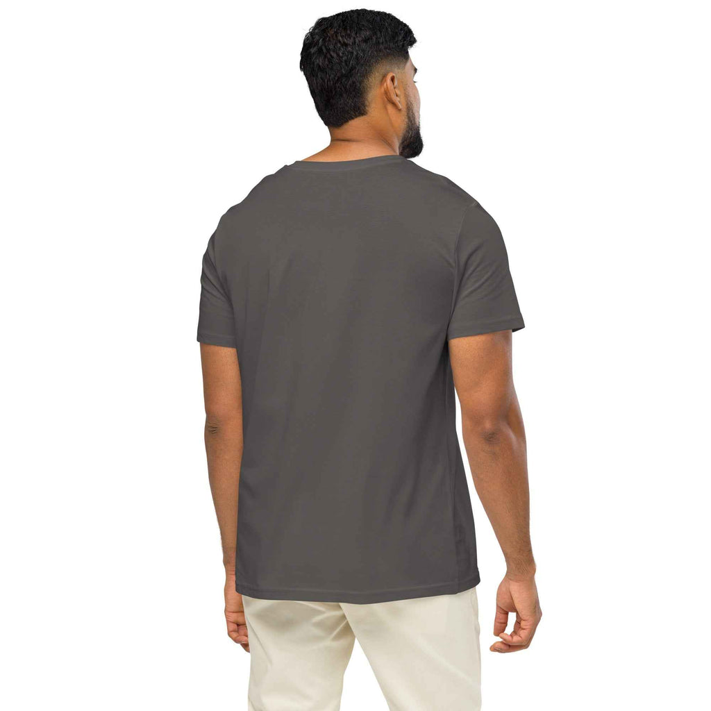 Unisex organic mid-light anthracite t-shirt with "Stay Trippy #2" graphic from Leaky TS, showing the back view.