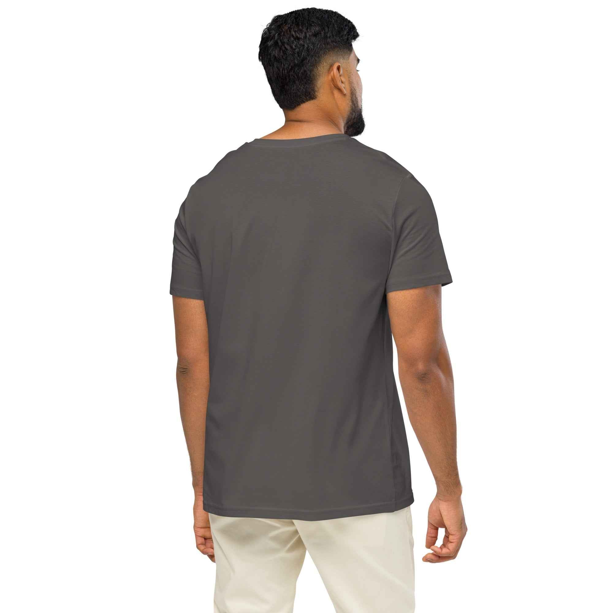 Unisex organic mid-light anthracite t-shirt with "Stay Trippy #2" graphic from Leaky TS, showing the back view.