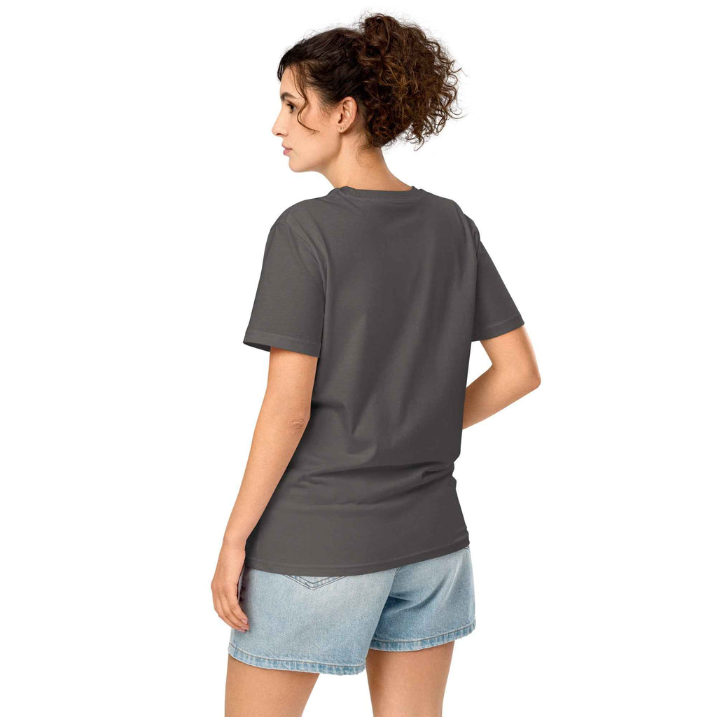 Unisex organic mid-light anthracite t-shirt featuring trippy graphic design by Leaky Ts, shown from the back.