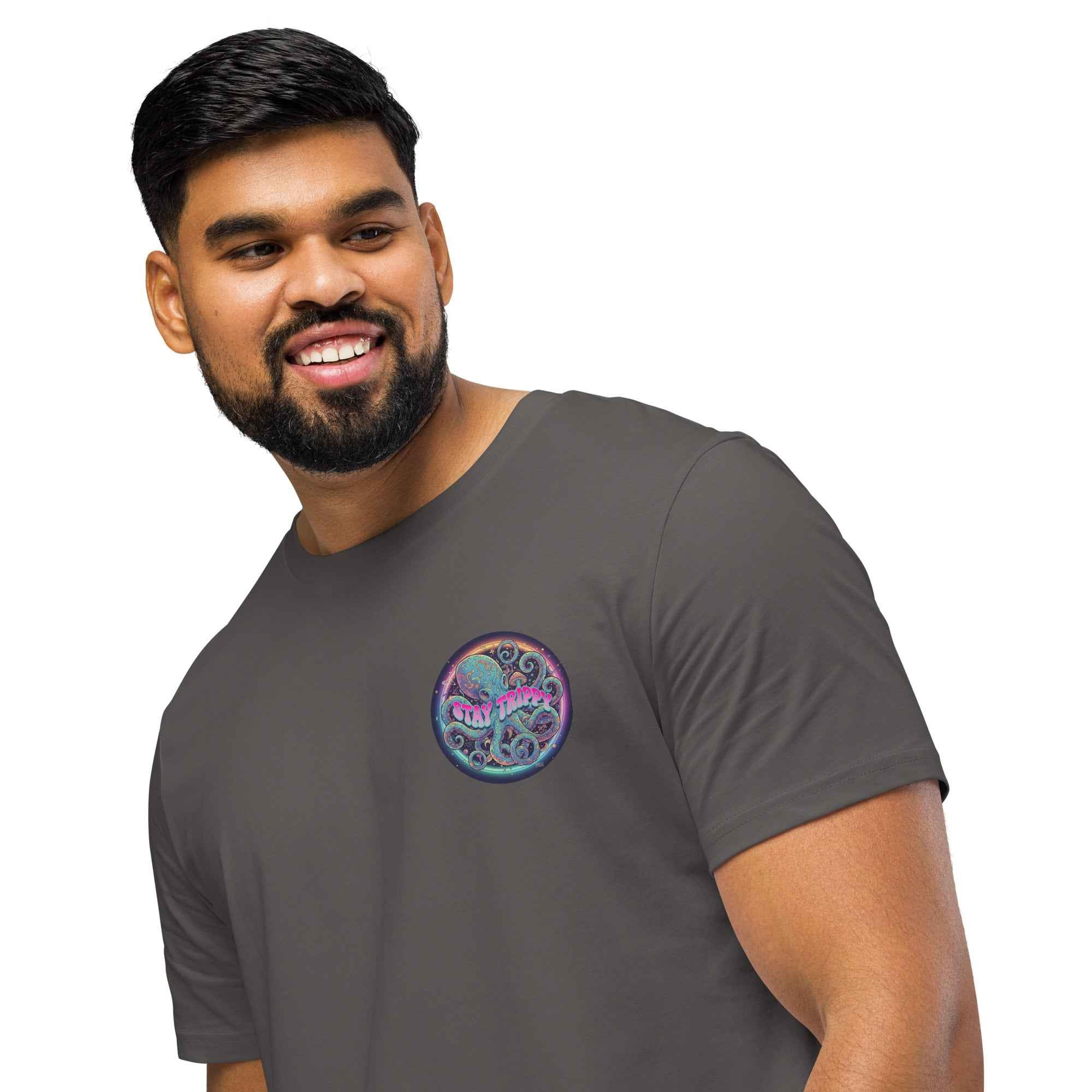 Leaky Ts Stay Trippy #2 unisex organic mid-light anthracite t-shirt with front graphic design, casual and comfortable clothing.