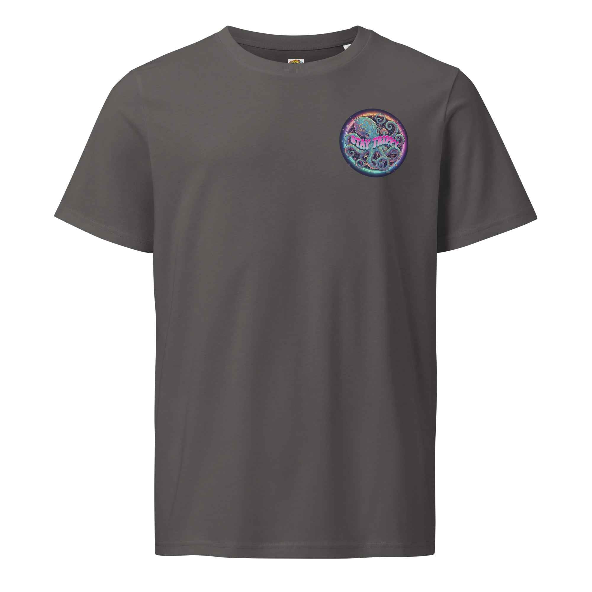 Leaky ts Stay trippy #2 unisex organic mid-light t-shirt in anthracite, front view with graphic design.