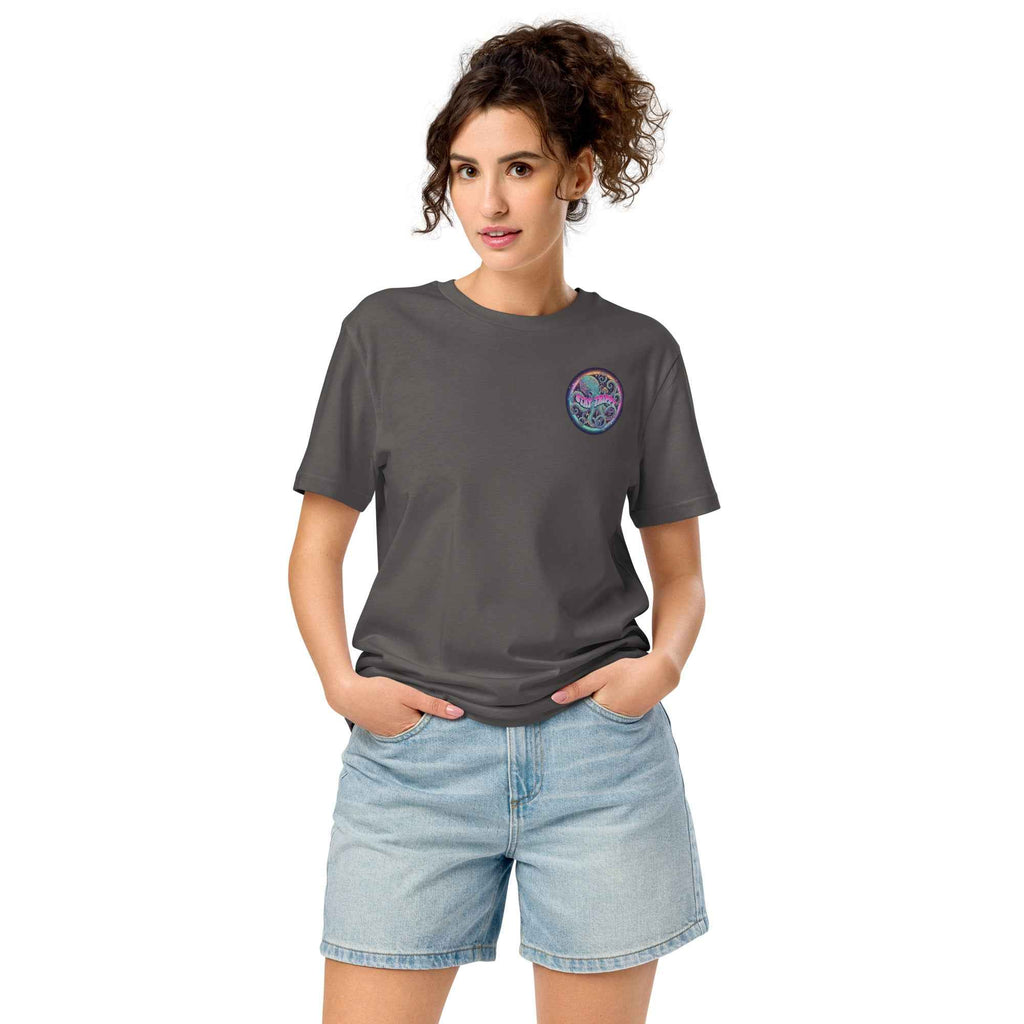 Leaky Ts Stay Trippy #2 unisex organic mid-light anthracite t-shirt, front view showcasing relaxed fit and soft fabric.