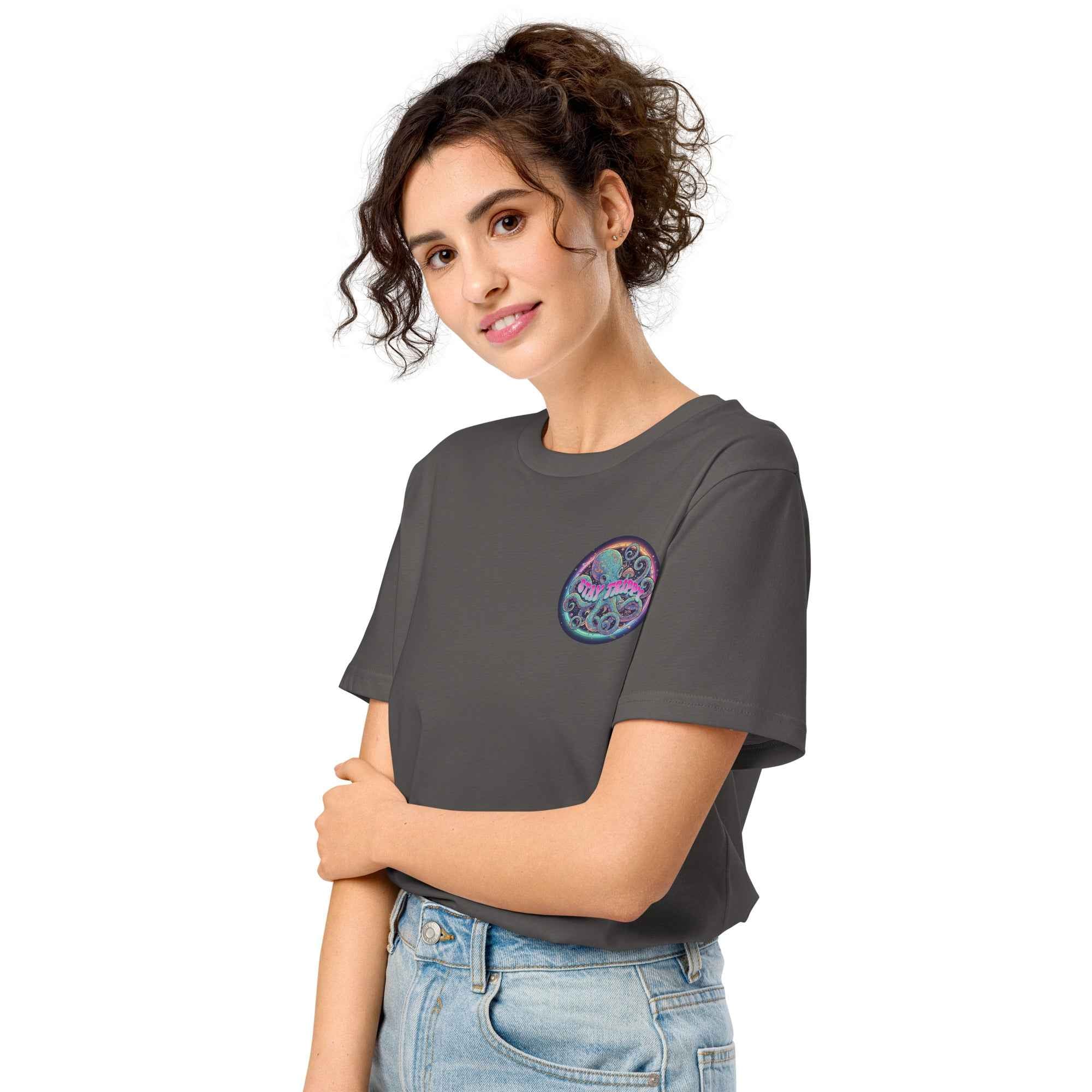 Leaky Ts Stay Trippy #2 unisex organic mid-light anthracite T-shirt, front view showing fit and fabric texture.