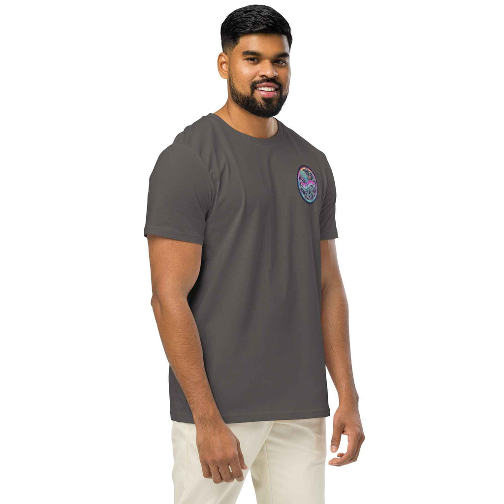 Unisex organic mid-light anthracite t-shirt by Leaky ts featuring a stay trippy #2 graphic on the front.