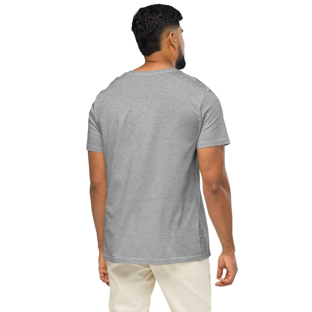 Unisex organic mid-light Heather Grey T-shirt with "Stay Trippy #2" graphic from Leaky Ts, shown from the back.
