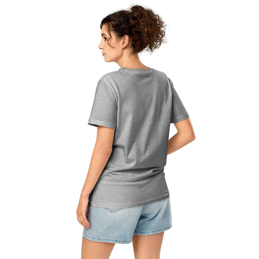 Leaky ts Stay Trippy #2 unisex organic mid-light heather grey t-shirt, view of back showing stylish design and comfortable fit.