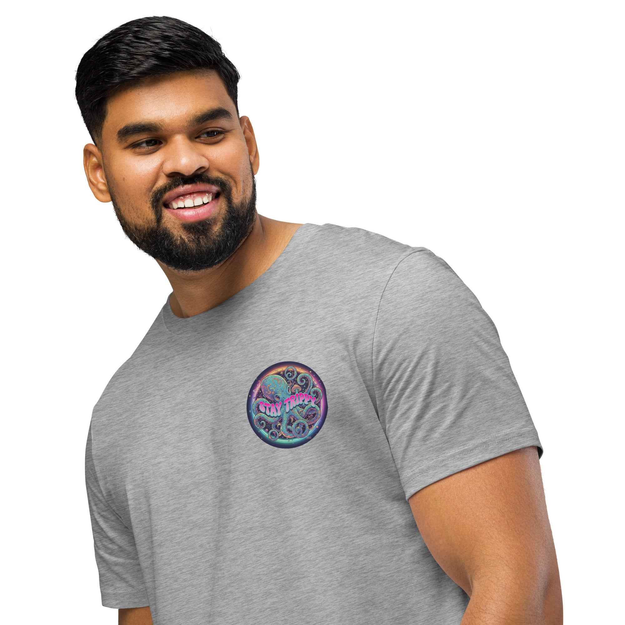 Leaky TS Stay Trippy #2 unisex organic mid-light Heather Grey T-shirt, front view showcasing casual style and organic fabric.