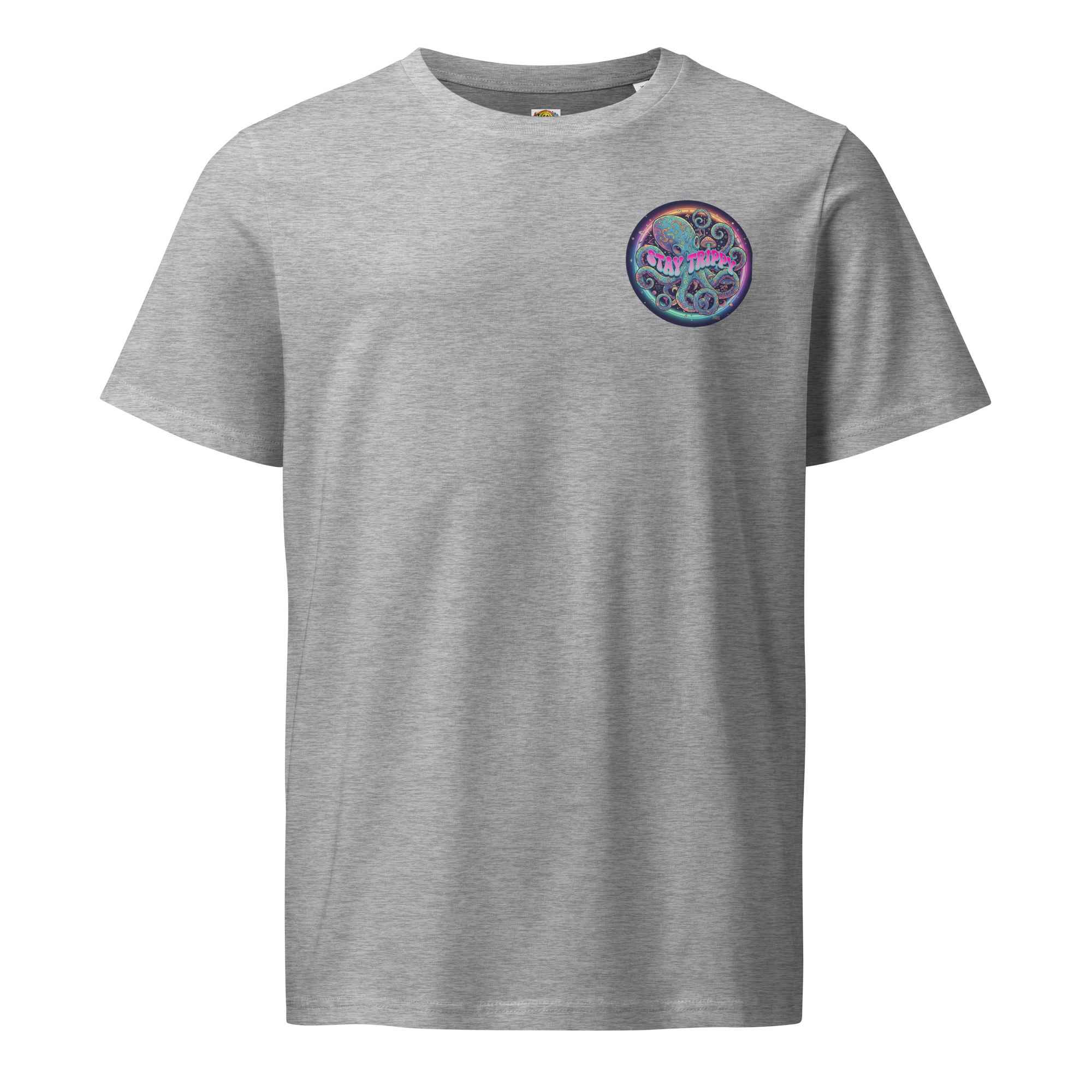 Unisex organic mid-light Heather Grey T-shirt from Leaky ts with "Stay Trippy #2" graphic on front.