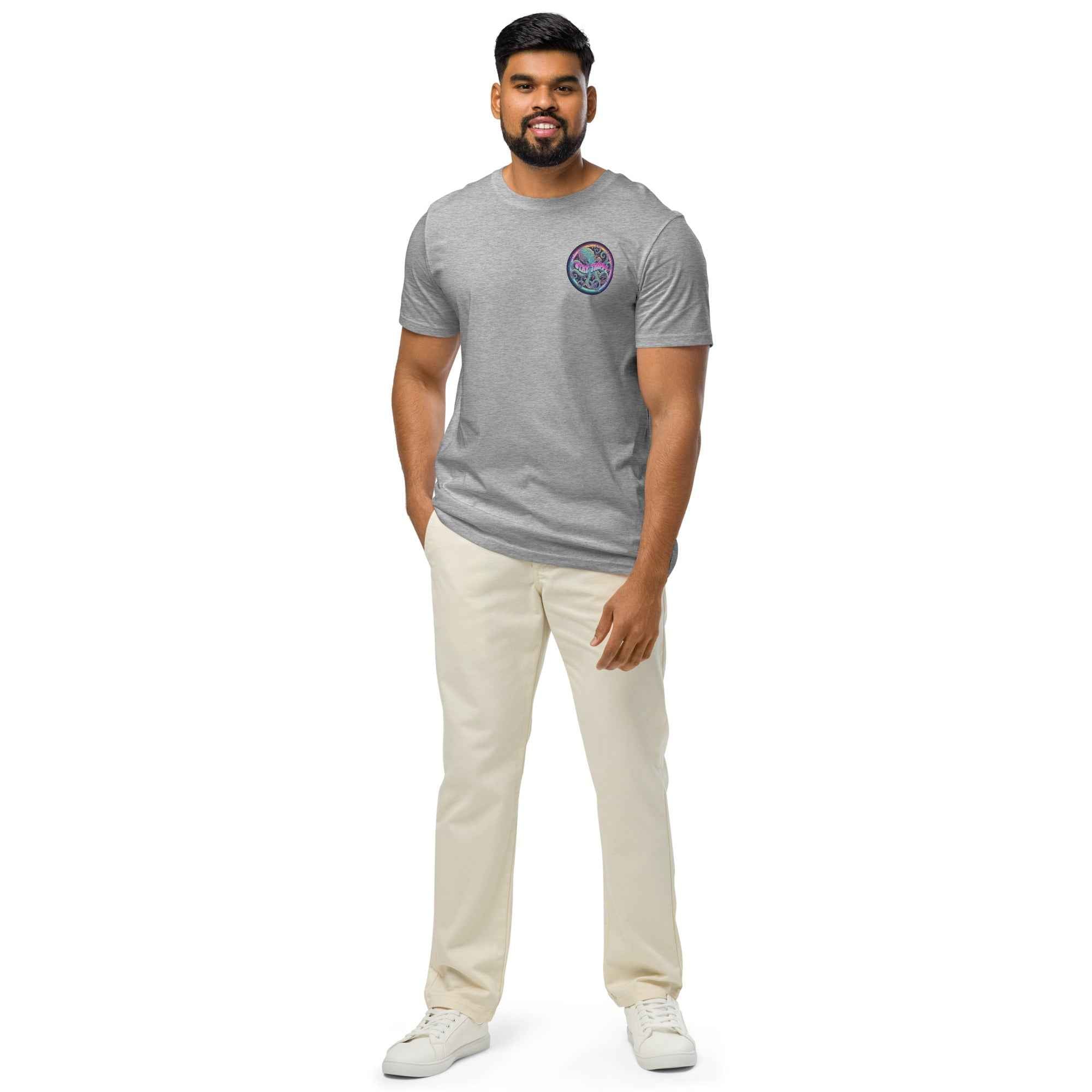 Unisex organic mid-light Heather Grey T-shirt with "Stay Trippy #2" print by Leaky Ts, front view.