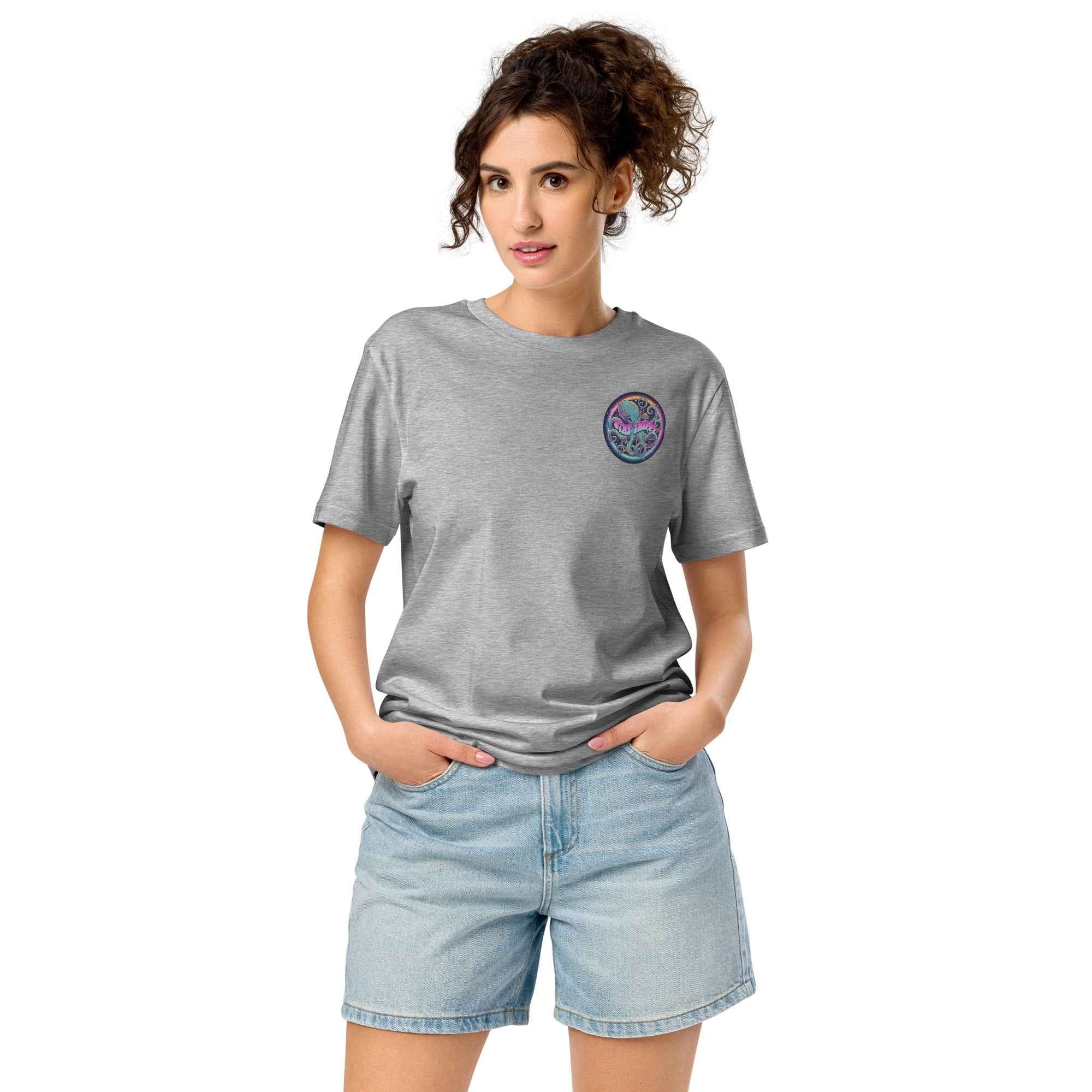 Unisex organic mid-light Heather Grey T-shirt featuring "Stay Trippy #2" design by Leaky Ts, front view.