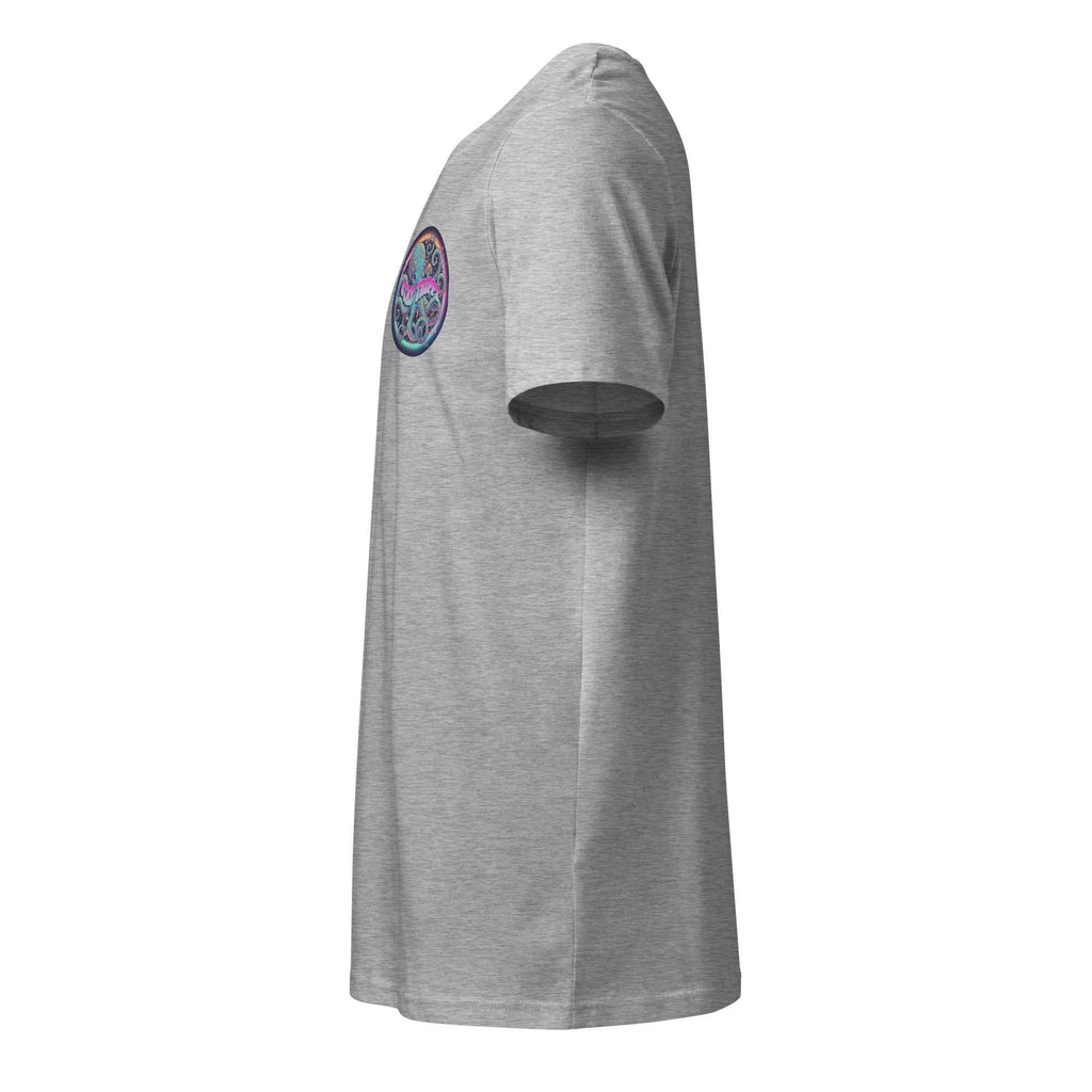 Unisex organic mid-light heather grey T-shirt with "Stay Trippy #2" graphic by Leaky TS, casual and comfortable fit.