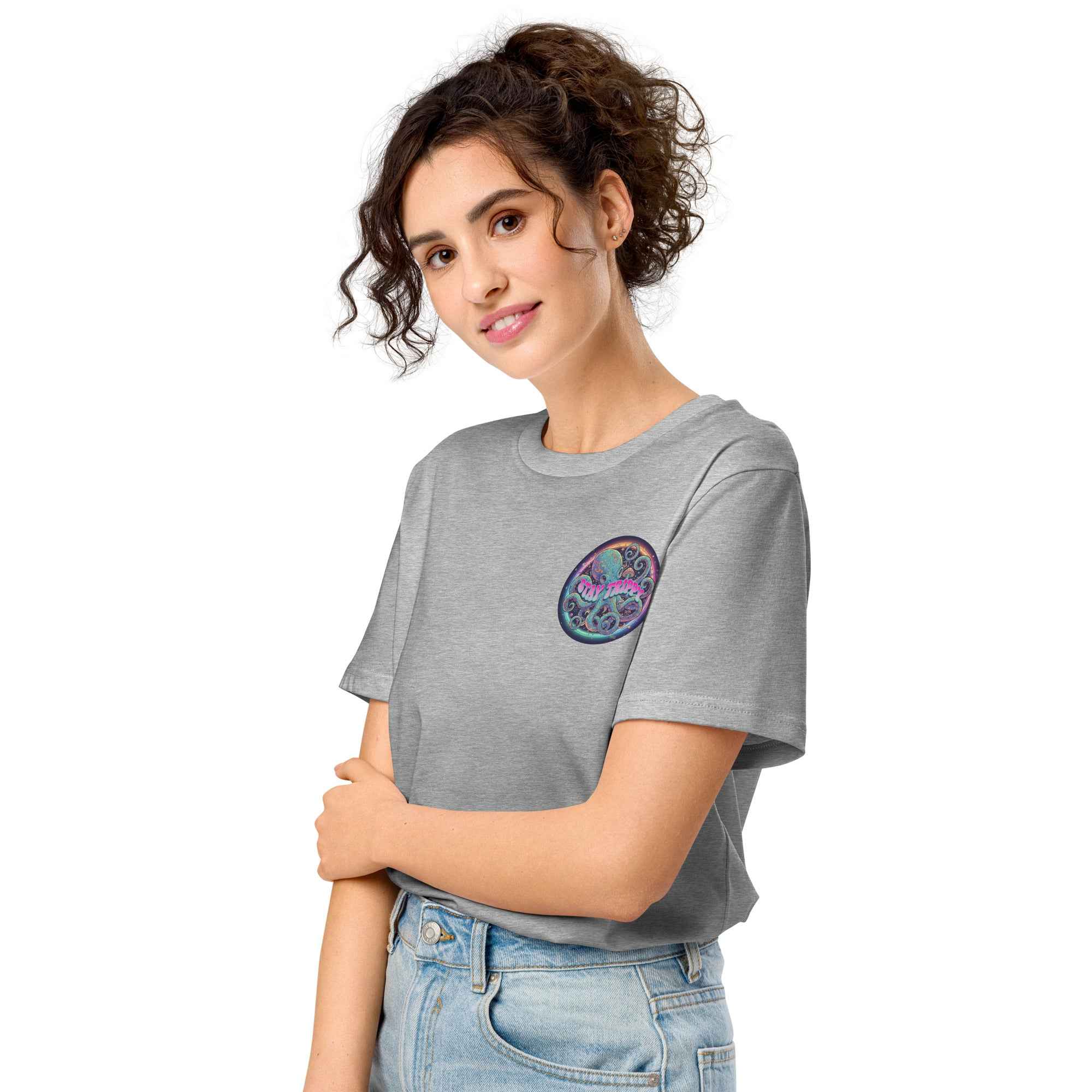 Leaky Ts Stay Trippy #2 unisex organic mid-light heather grey T-shirt, front view showing relaxed fit and soft fabric.