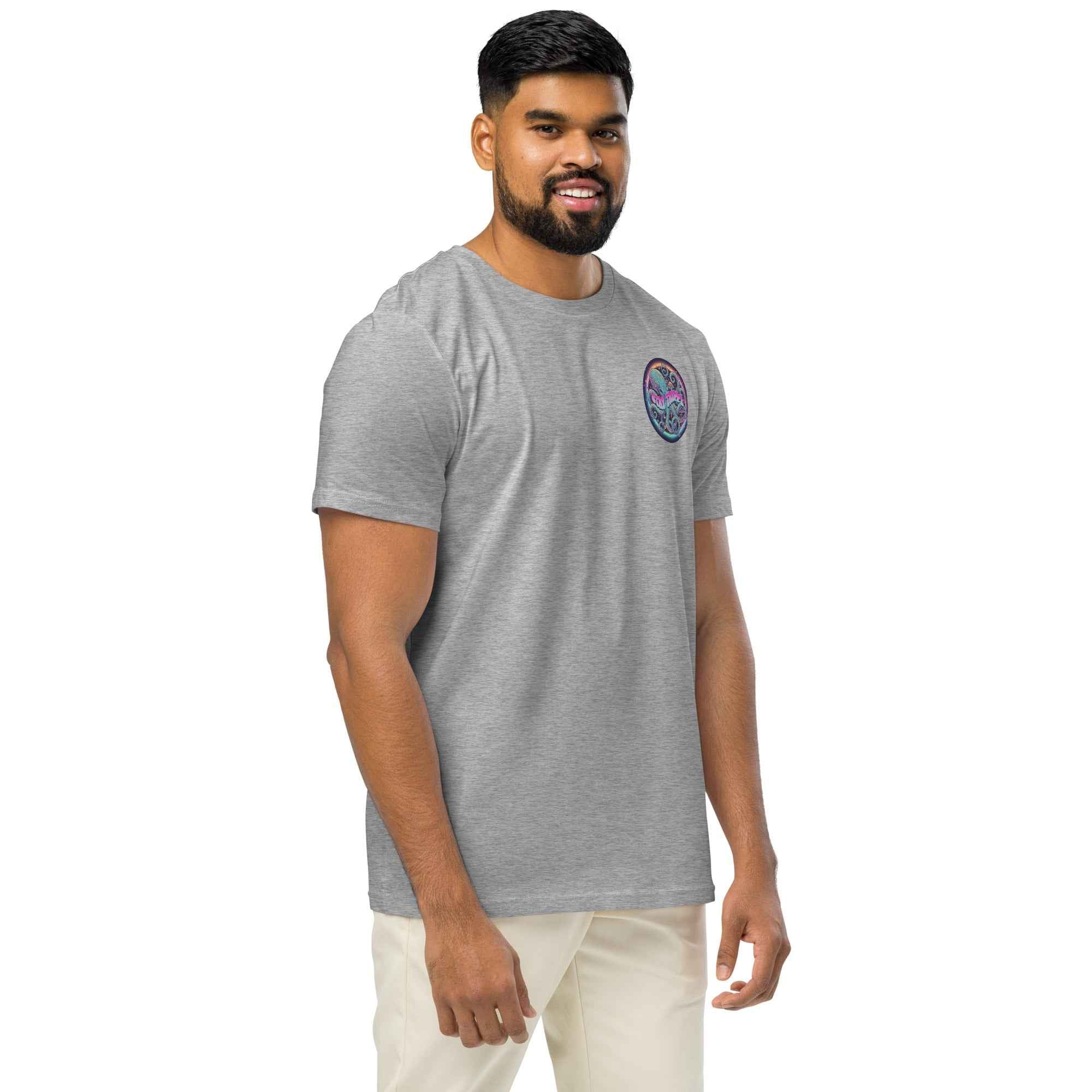 Unisex organic mid-light grey T-shirt with "Stay Trippy #2" graphic by Leaky Ts, shown from right front view.