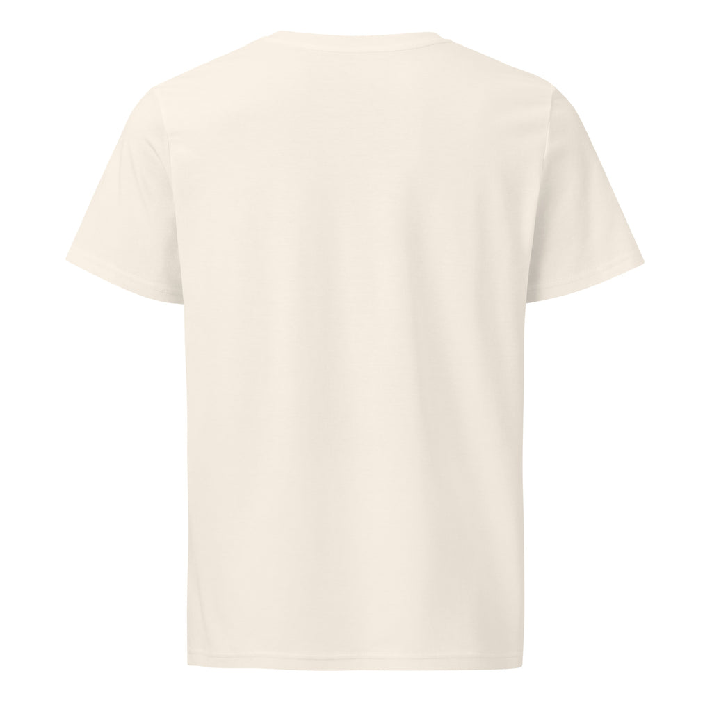 Leaky ts Stay Trippy #2 unisex organic mid-light vintage white T-shirt, back view showing relaxed fit and soft fabric.