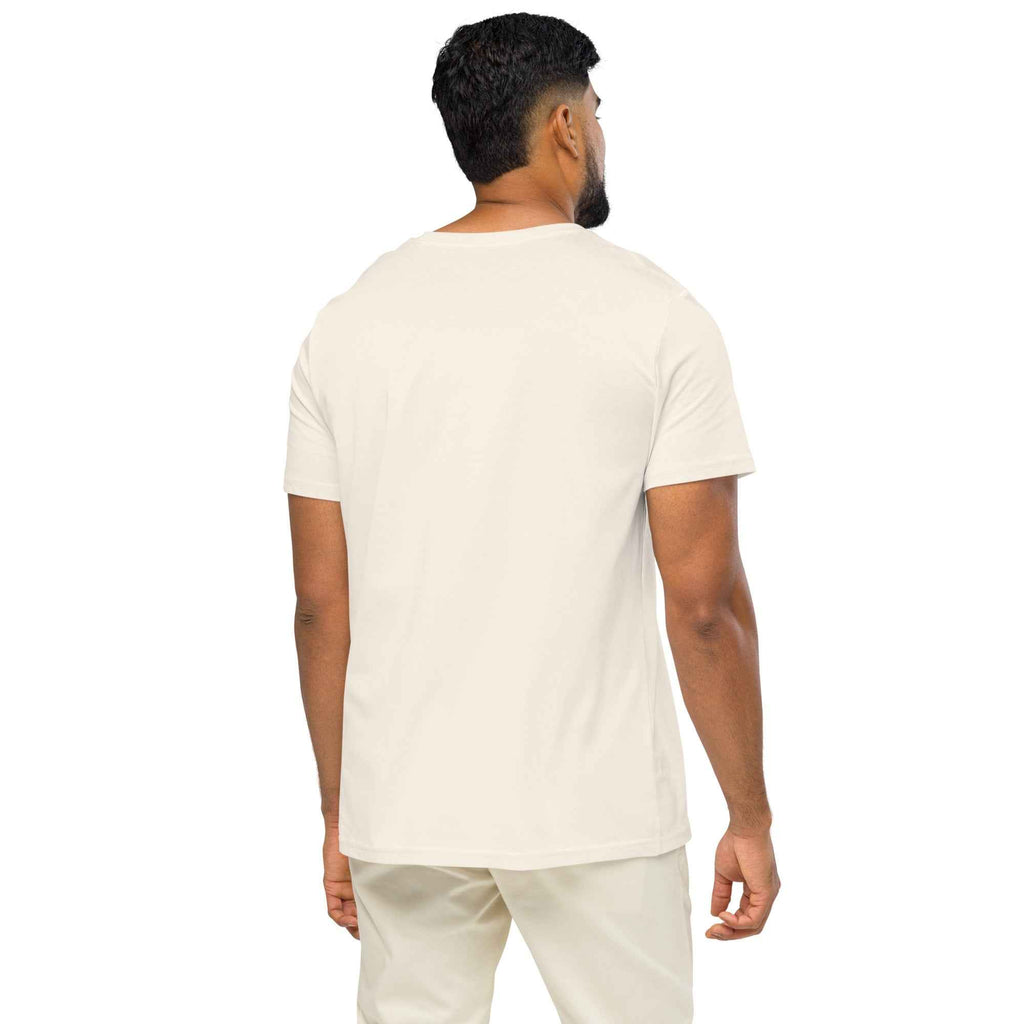 Leaky ts Stay Trippy #2 unisex organic mid-light vintage white T-shirt, back view showing relaxed fit and soft fabric.