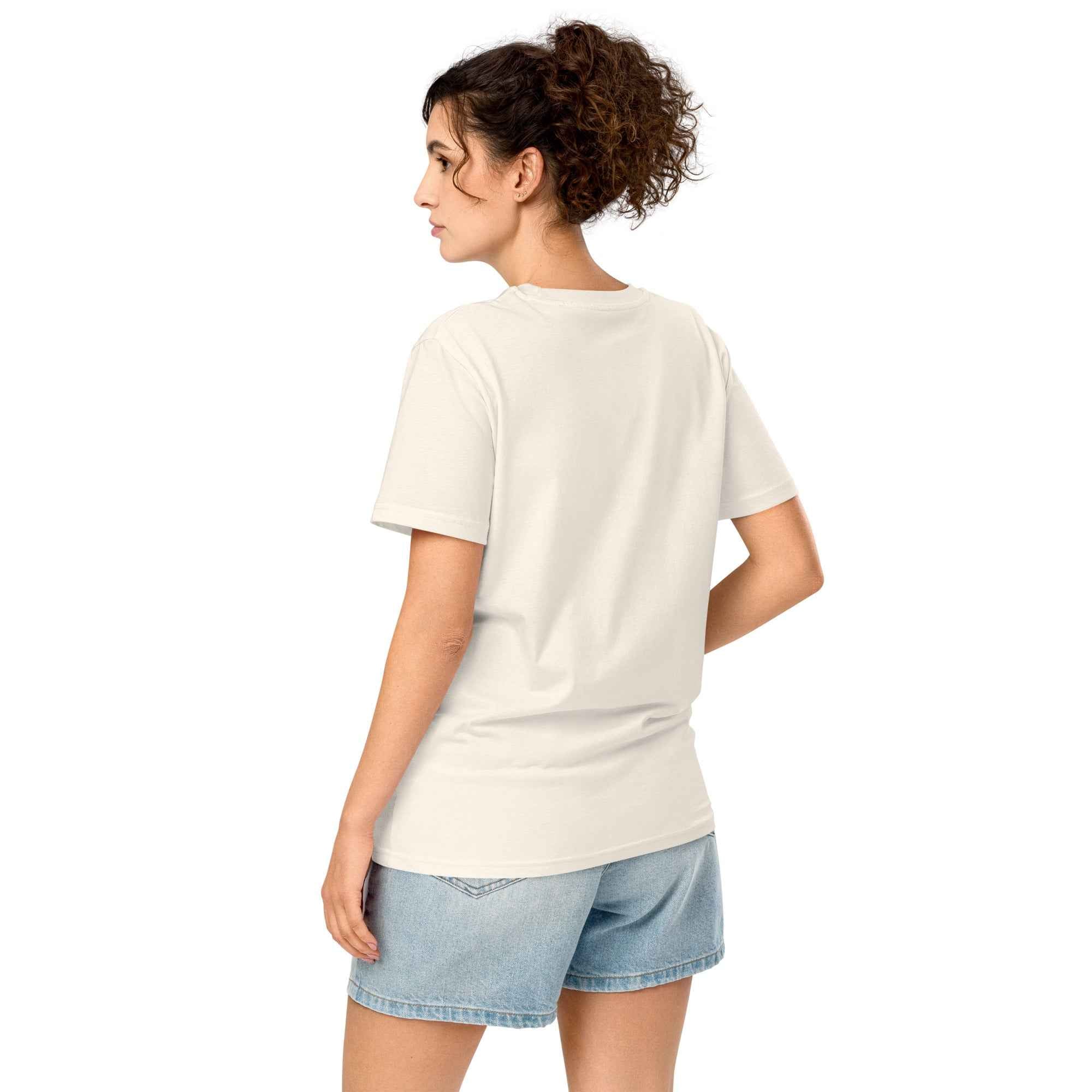 Unisex organic mid-light vintage white T-shirt with "Stay Trippy #2" print by Leaky TS, showing the back view.